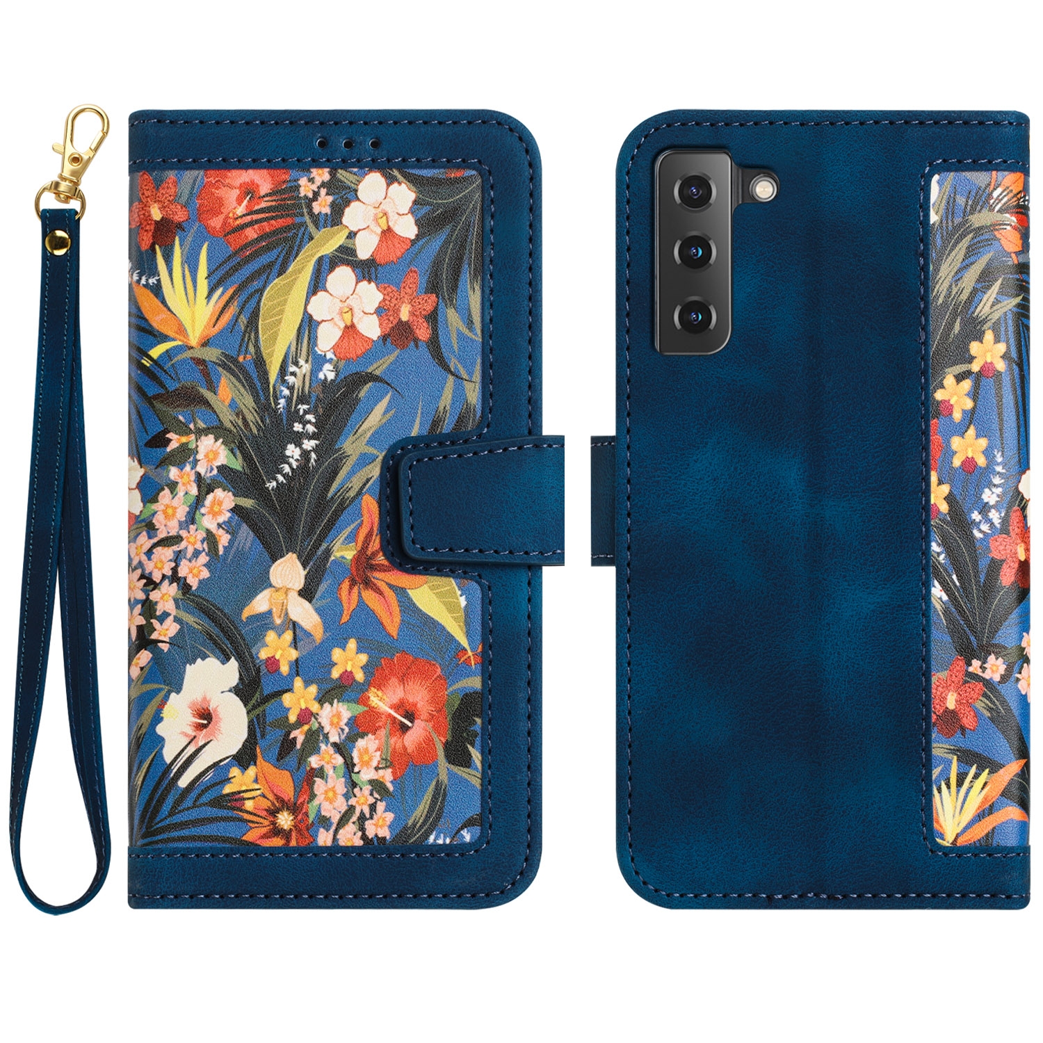 For Samsung Galaxy S21+ 5G Floral Pattern Leather Phone Case with Lanyard(Dark Blue) For Samsung Galaxy S21+ 5G Floral Pattern Leather Phone Case with Lanyard(Dark Blue)