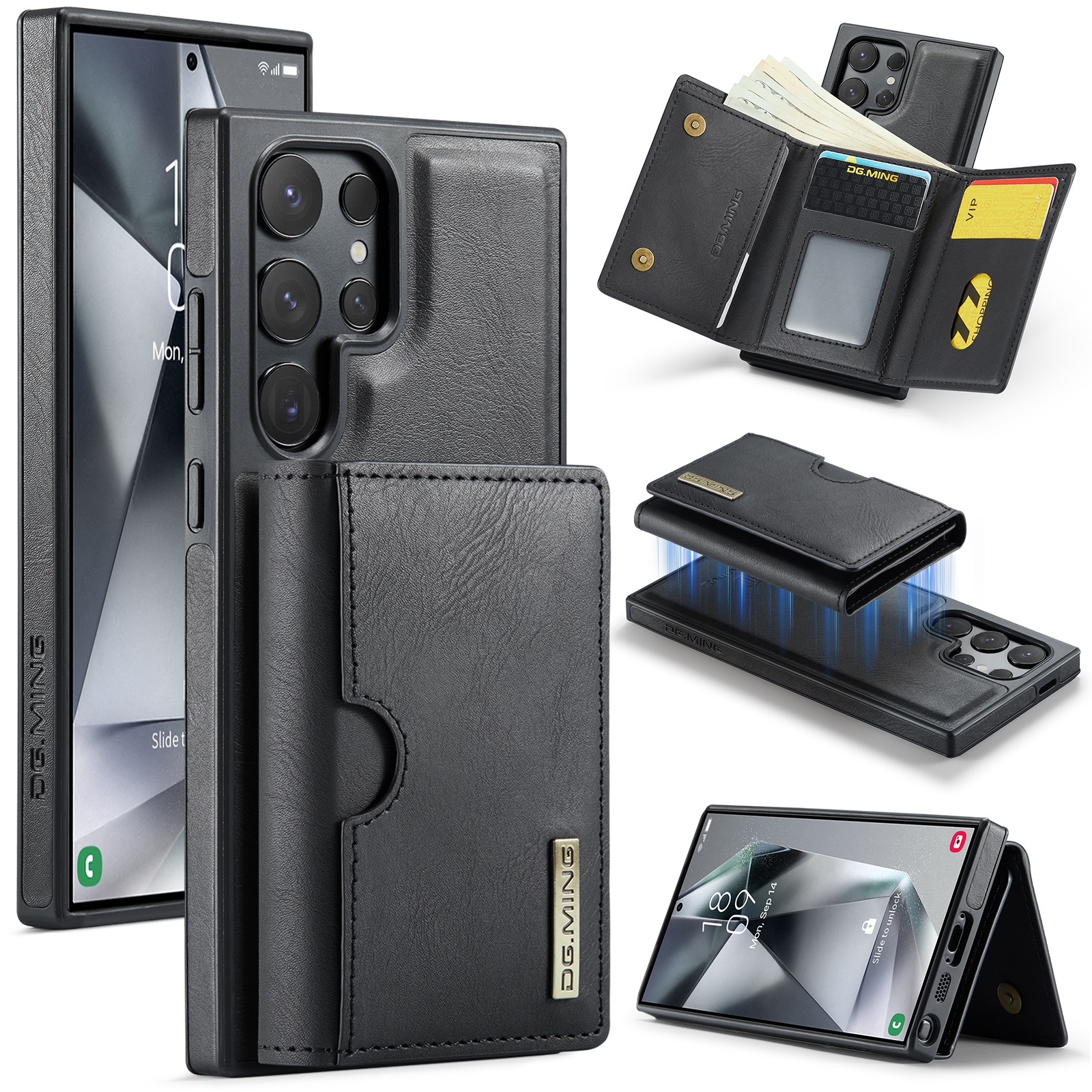 For Samsung Galaxy S24 Ultra 5G DG.MING M6 Series RFID Tri-fold Card Bag Removable Leather Phone Case(Black) For Samsung Galaxy S24 Ultra 5G DG.MING M6 Series RFID Tri-fold Card Bag Removable Leather Phone Case(Black)
