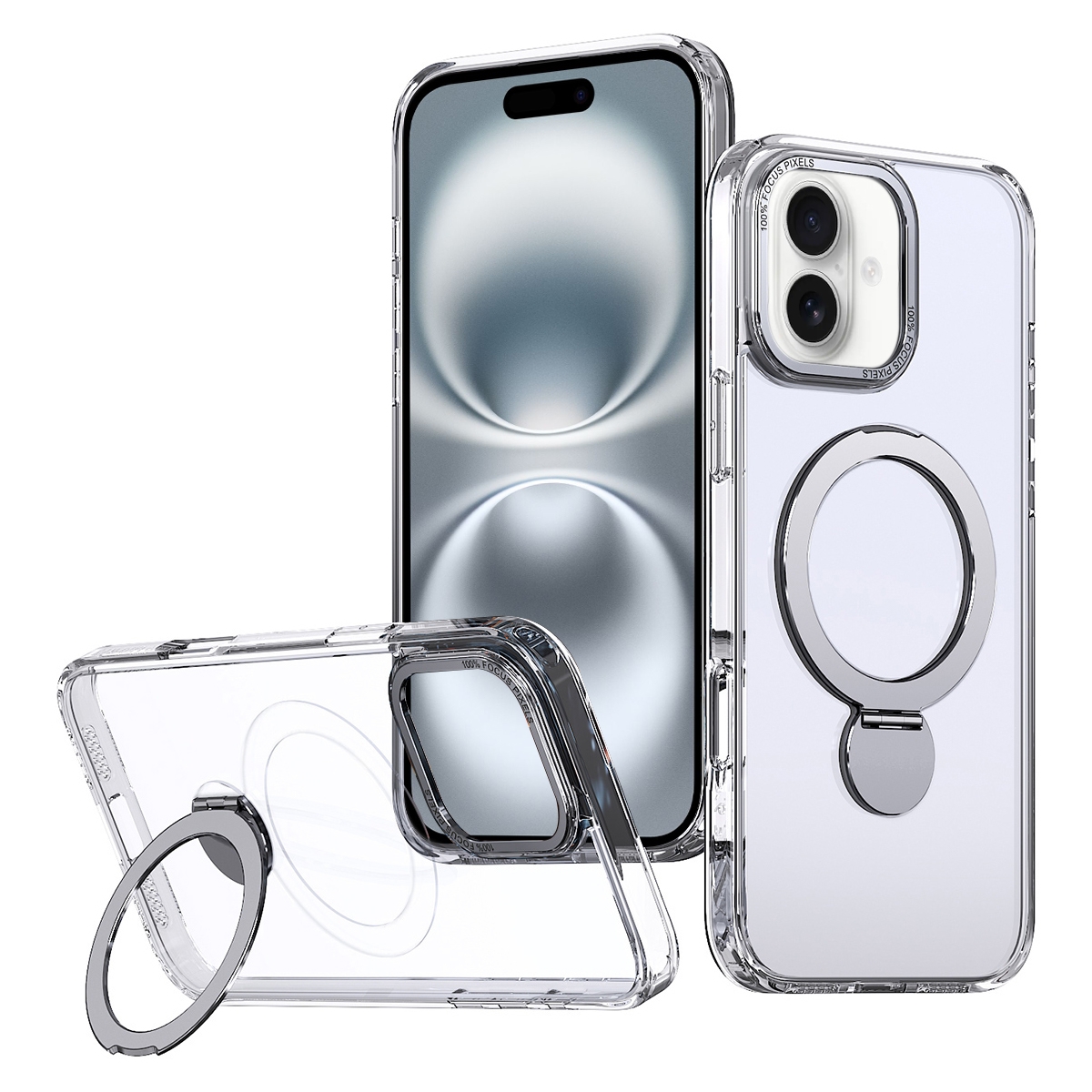 For iPhone 16 Wing Series Gen2 MagSafe Metal Ring Holder Phone Case(Transparent) For iPhone 16 Wing Series Gen2 MagSafe Metal Ring Holder Phone Case(Transparent)