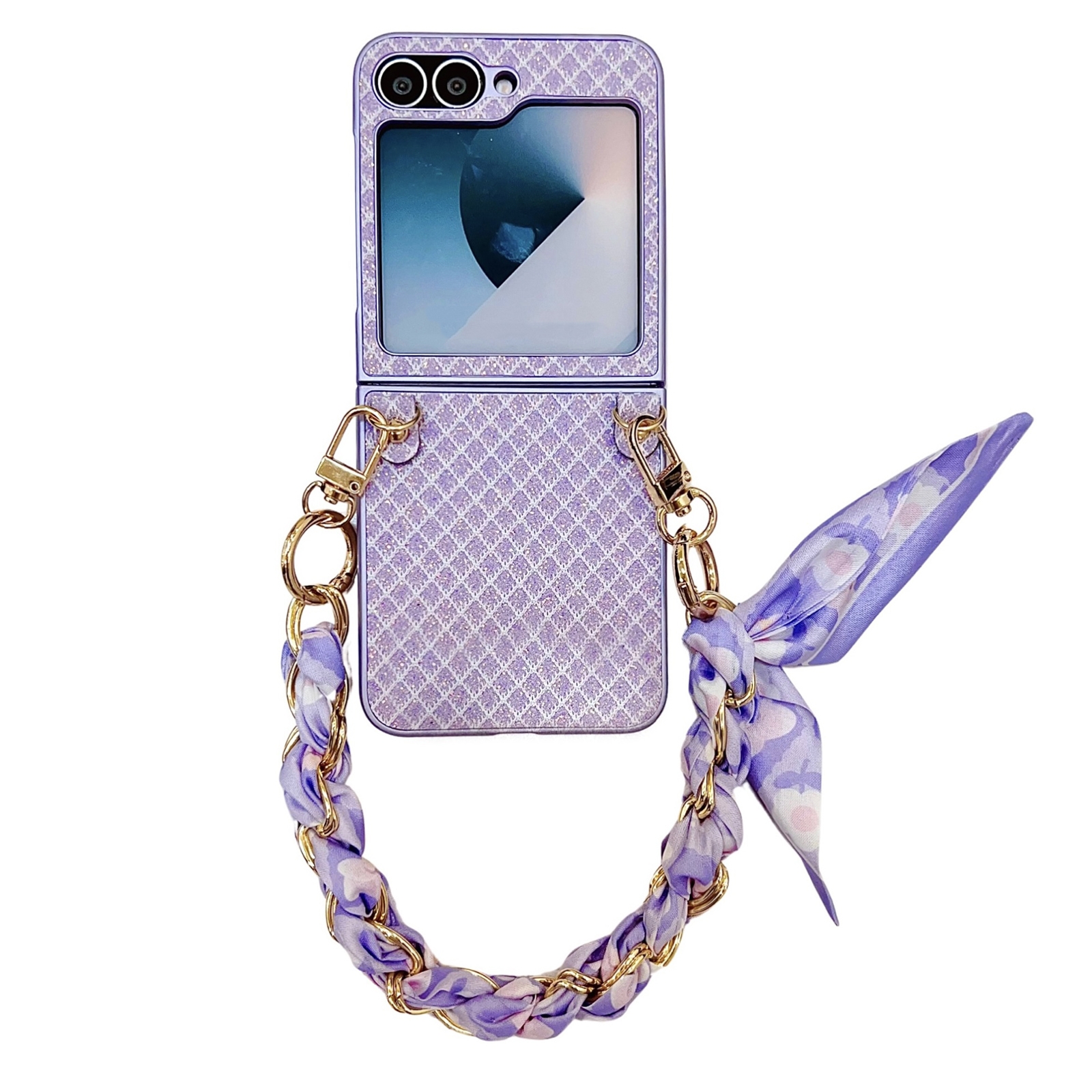 For Samsung Galaxy Z Flip5 5G Sparkling Diamond Rhombus PC Phone Case with Silk Scarf Bracelet(Purple) For Samsung Galaxy Z Flip5 5G Sparkling Diamond Rhombus PC Phone Case with Silk Scarf Bracelet(Purple)