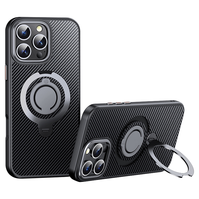 For iPhone 16 Pro Max Carbon Fiber MagSafe Phone Case with 360 Degree Rotating Holder(Black Grey) For iPhone 16 Pro Max Carbon Fiber MagSafe Phone Case with 360 Degree Rotating Holder(Black Grey)