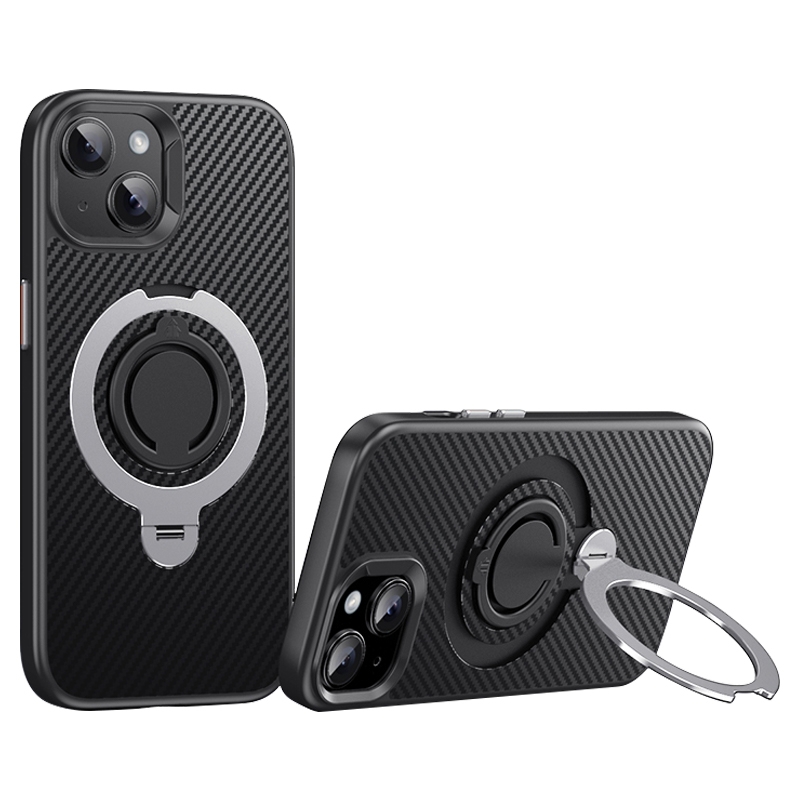 For iPhone 15 Plus / 14 Plus Carbon Fiber MagSafe Phone Case with 360 Degree Rotating Holder(Black Silver) For iPhone 15 Plus / 14 Plus Carbon Fiber MagSafe Phone Case with 360 Degree Rotating Holder(Black Silver)