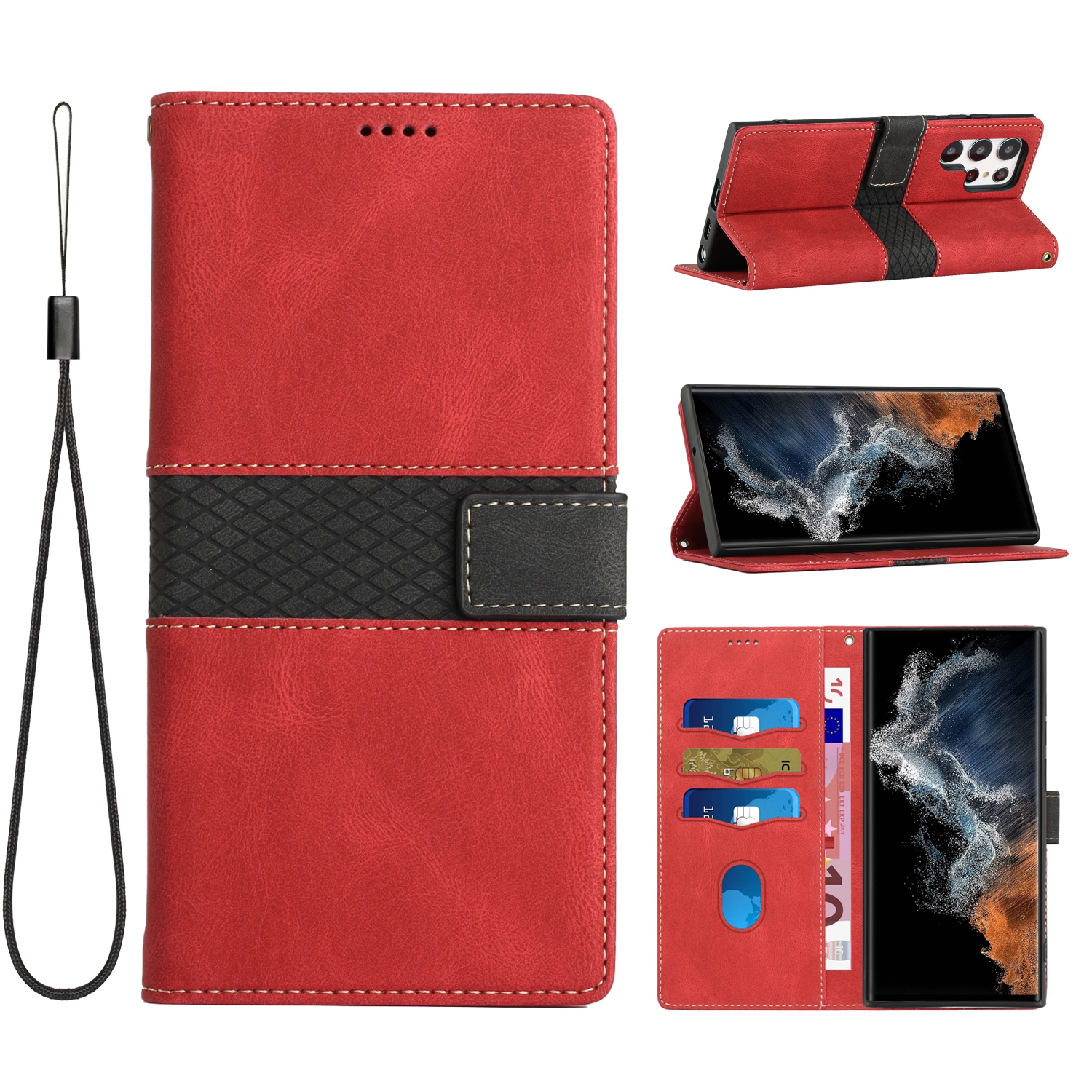 For Samsung Galaxy S24 Ultra 5G Grid Stitching Leather Phone Case with Lanyard(Red) For Samsung Galaxy S24 Ultra 5G Grid Stitching Leather Phone Case with Lanyard(Red)