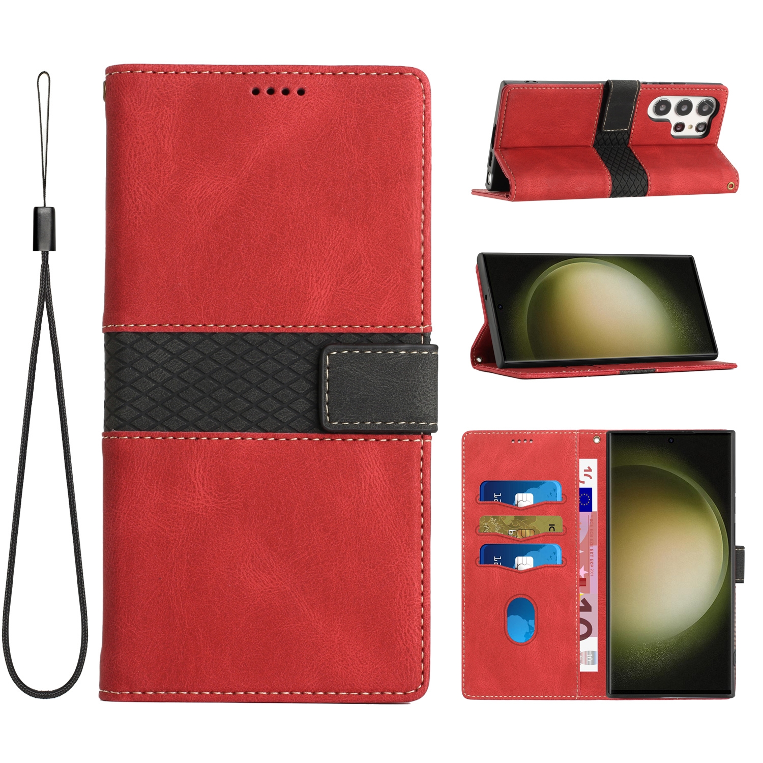 For Samsung Galaxy S23 Ultra 5G Grid Stitching Leather Phone Case with Lanyard(Red) For Samsung Galaxy S23 Ultra 5G Grid Stitching Leather Phone Case with Lanyard(Red)