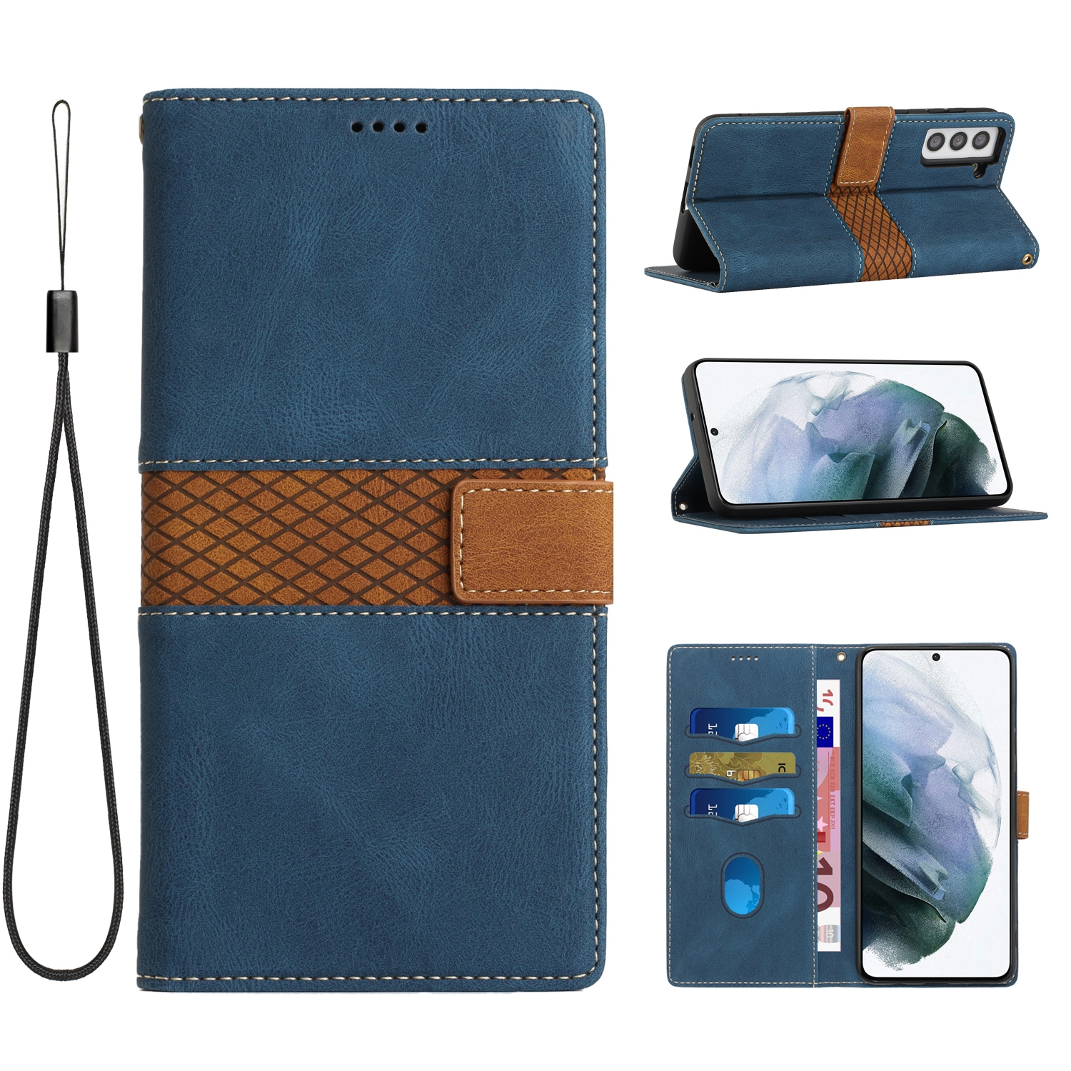 For Samsung Galaxy S22+ 5G Grid Stitching Leather Phone Case with Lanyard(Blue) For Samsung Galaxy S22+ 5G Grid Stitching Leather Phone Case with Lanyard(Blue)