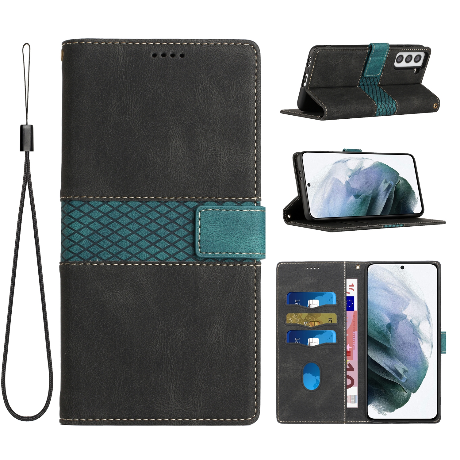 For Samsung Galaxy S21 5G Grid Stitching Leather Phone Case with Lanyard(Black) For Samsung Galaxy S21 5G Grid Stitching Leather Phone Case with Lanyard(Black)