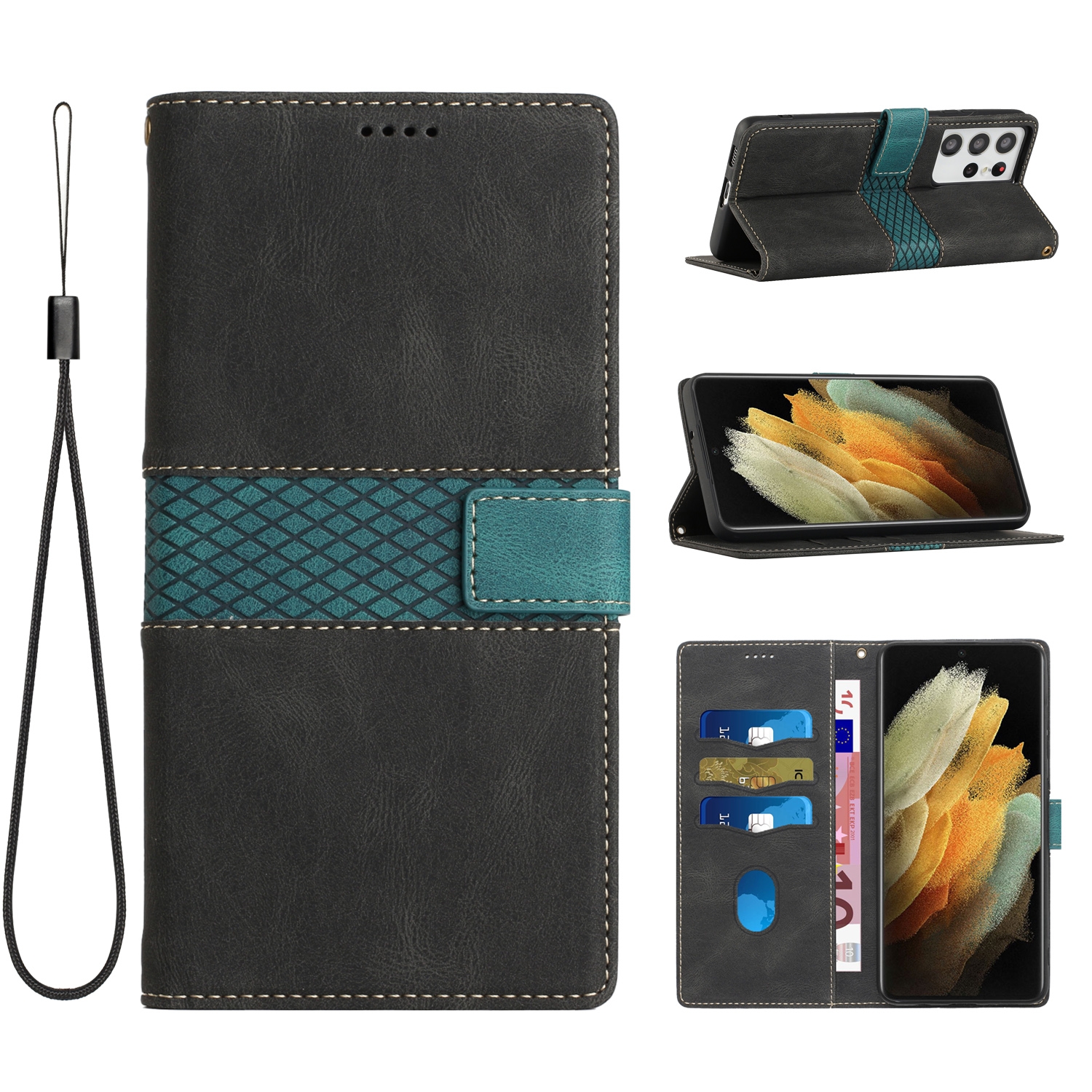 For Samsung Galaxy S21 Ultra 5G Grid Stitching Leather Phone Case with Lanyard(Black)