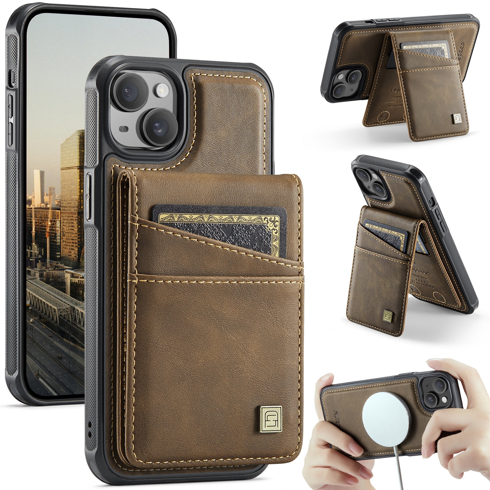 For iPhone 14 Plus AutSpace A12 MagSafe Magnetic RFID Card Bag Phone Case(Coffee) For iPhone 14 Plus AutSpace A12 MagSafe Magnetic RFID Card Bag Phone Case(Coffee)