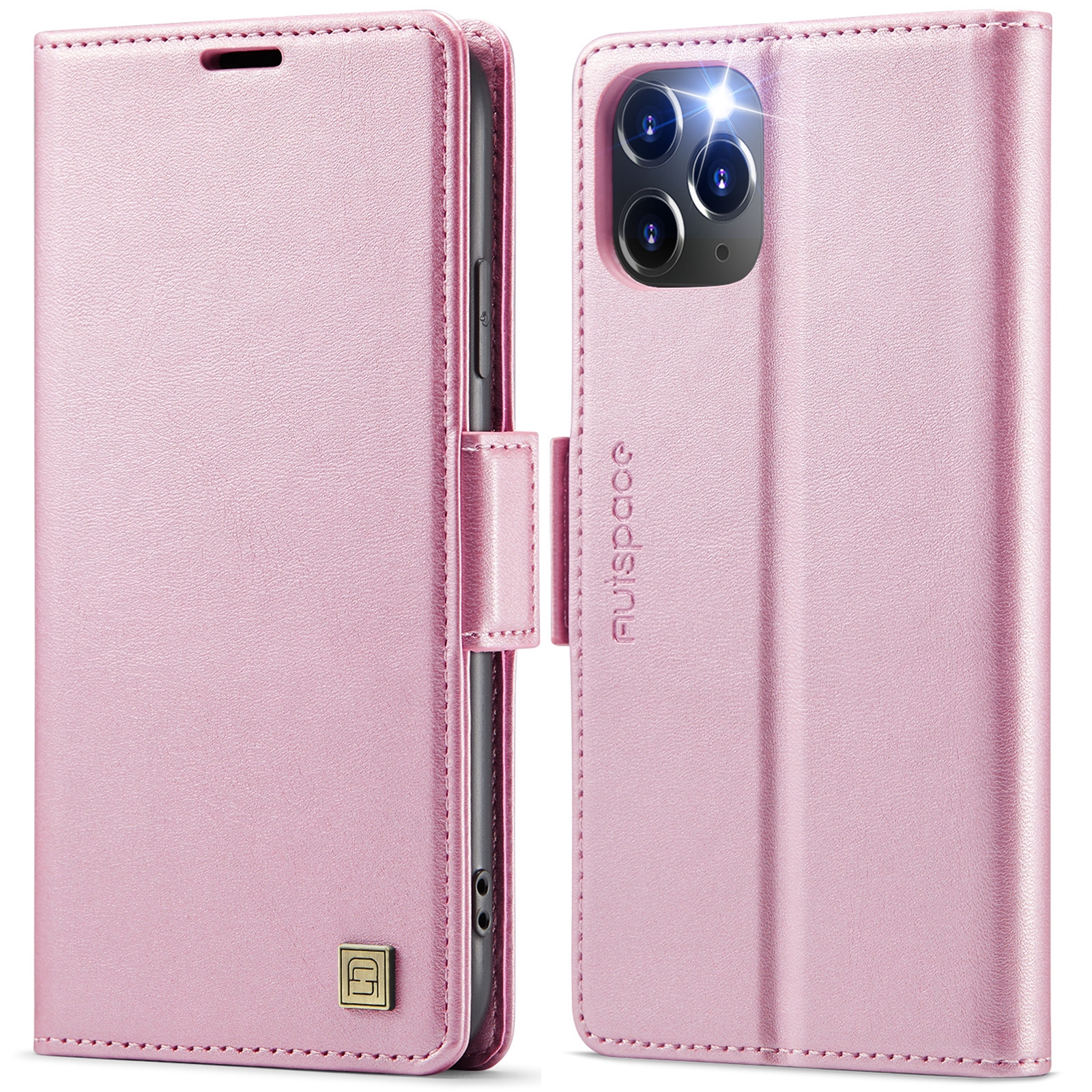 For iPhone 11 Pro AutSpace A11 Side Buckle MagSafe Magnetic RFID Phone Leather Case(Rose Gold)