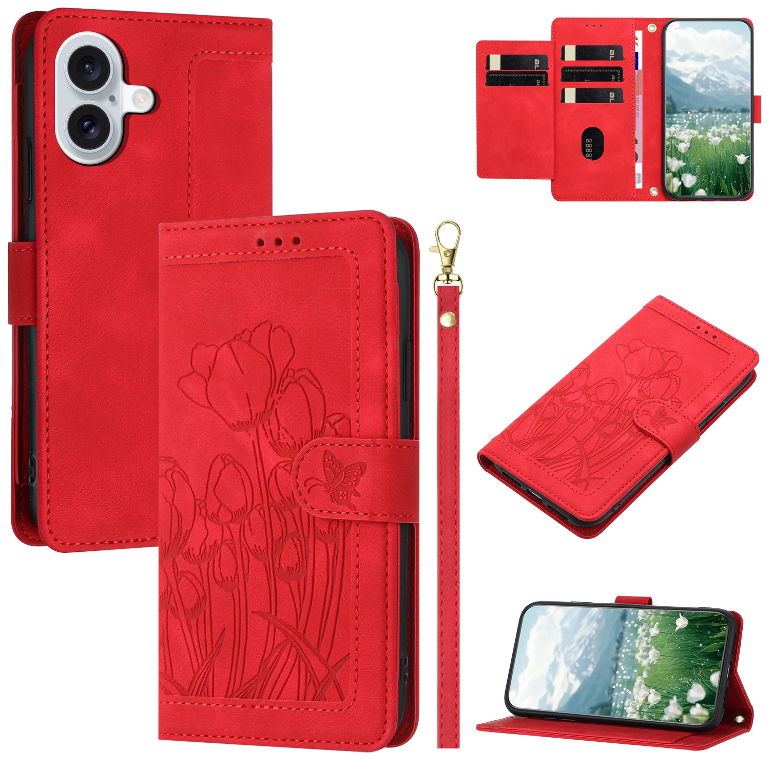 For iPhone 16 Tulips Embossed Leather Phone Case with Lanyard(Red) For iPhone 16 Tulips Embossed Leather Phone Case with Lanyard(Red)
