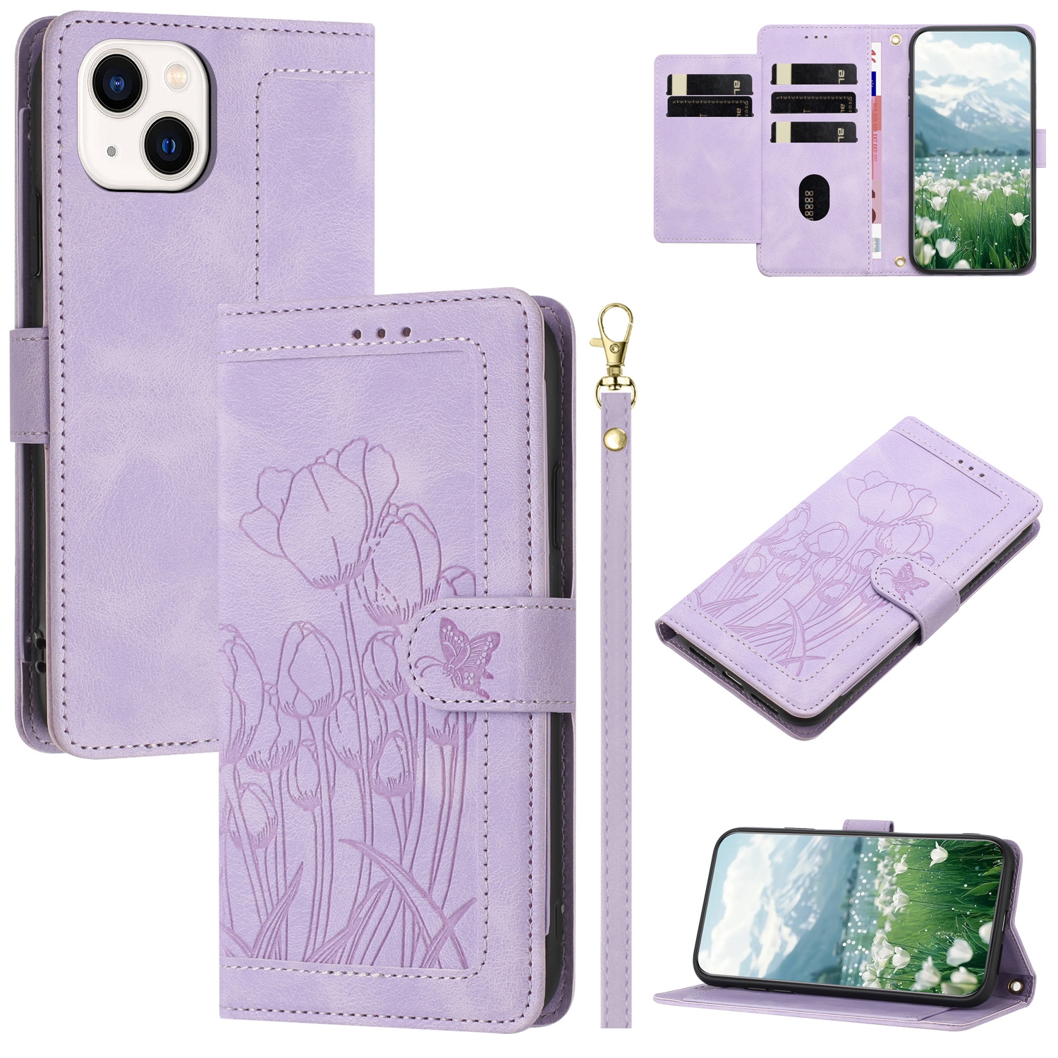 For iPhone 15 Tulips Embossed Leather Phone Case with Lanyard(Purple)