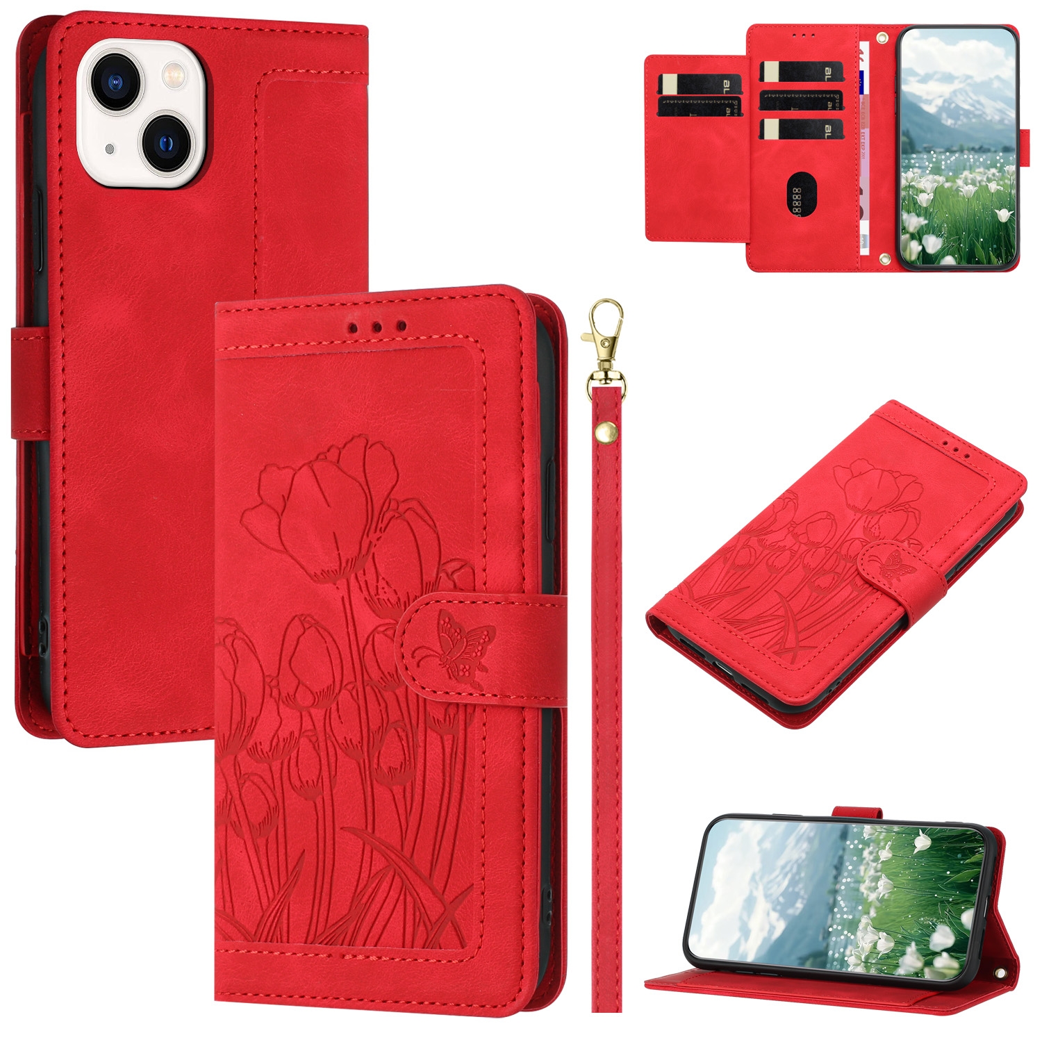 For iPhone 14 Tulips Embossed Leather Phone Case with Lanyard(Red) For iPhone 14 Tulips Embossed Leather Phone Case with Lanyard(Red)