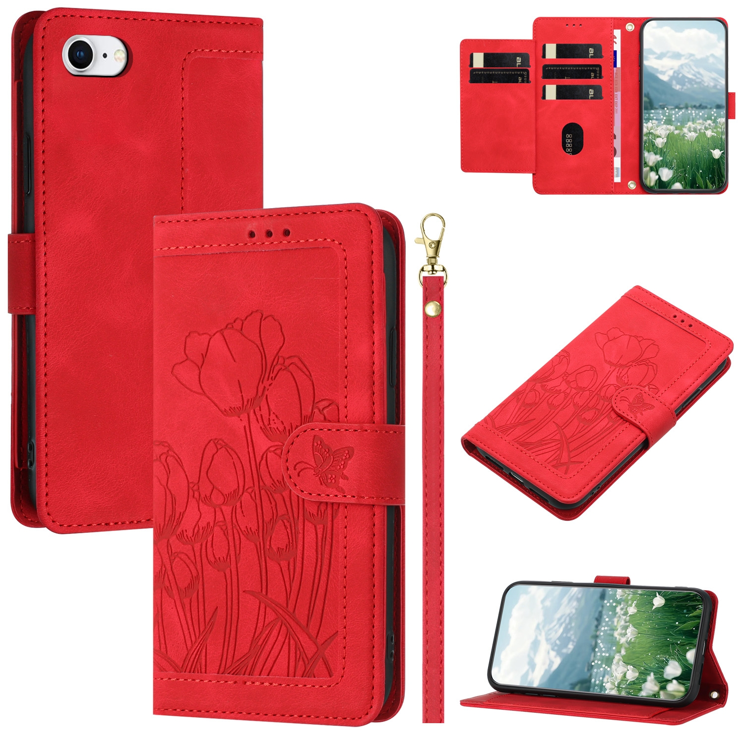 For iPhone SE 2022 / 2020 Tulips Embossed Leather Phone Case with Lanyard(Red) For iPhone SE 2022 / 2020 Tulips Embossed Leather Phone Case with Lanyard(Red)