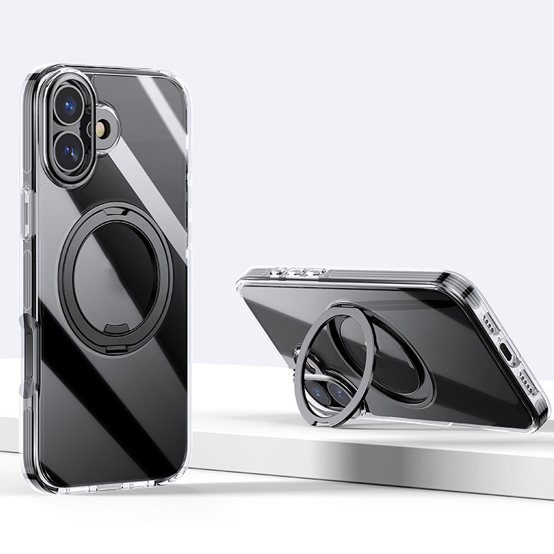 For iPhone 16 Gear Plating PC 360 Ring Holder Magsafe Phone Case(Transparent Black) For iPhone 16 Gear Plating PC 360 Ring Holder Magsafe Phone Case(Transparent Black)