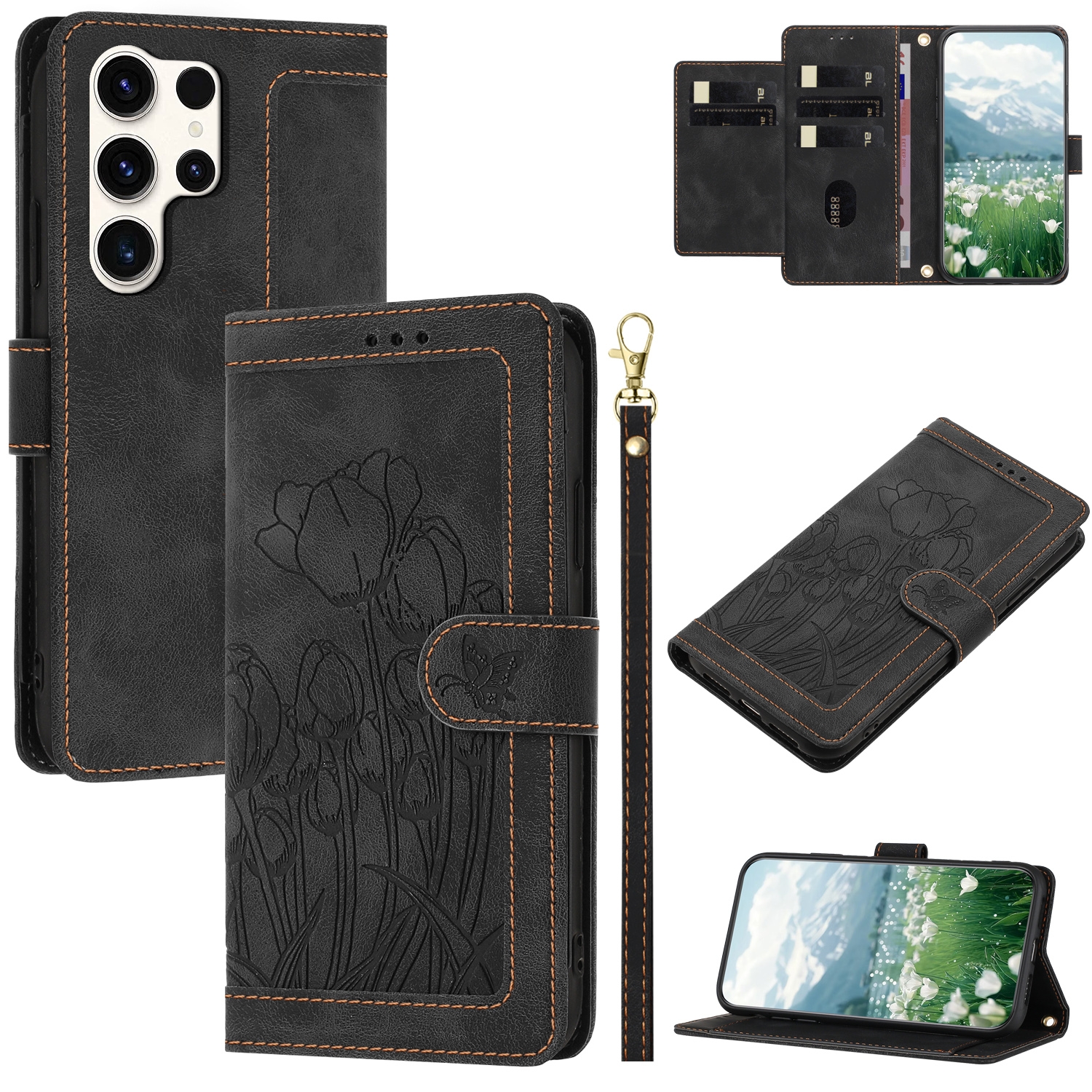 For Samsung Galaxy S24 Ultra 5G Tulips Embossed Leather Phone Case with Lanyard(Black) For Samsung Galaxy S24 Ultra 5G Tulips Embossed Leather Phone Case with Lanyard(Black)