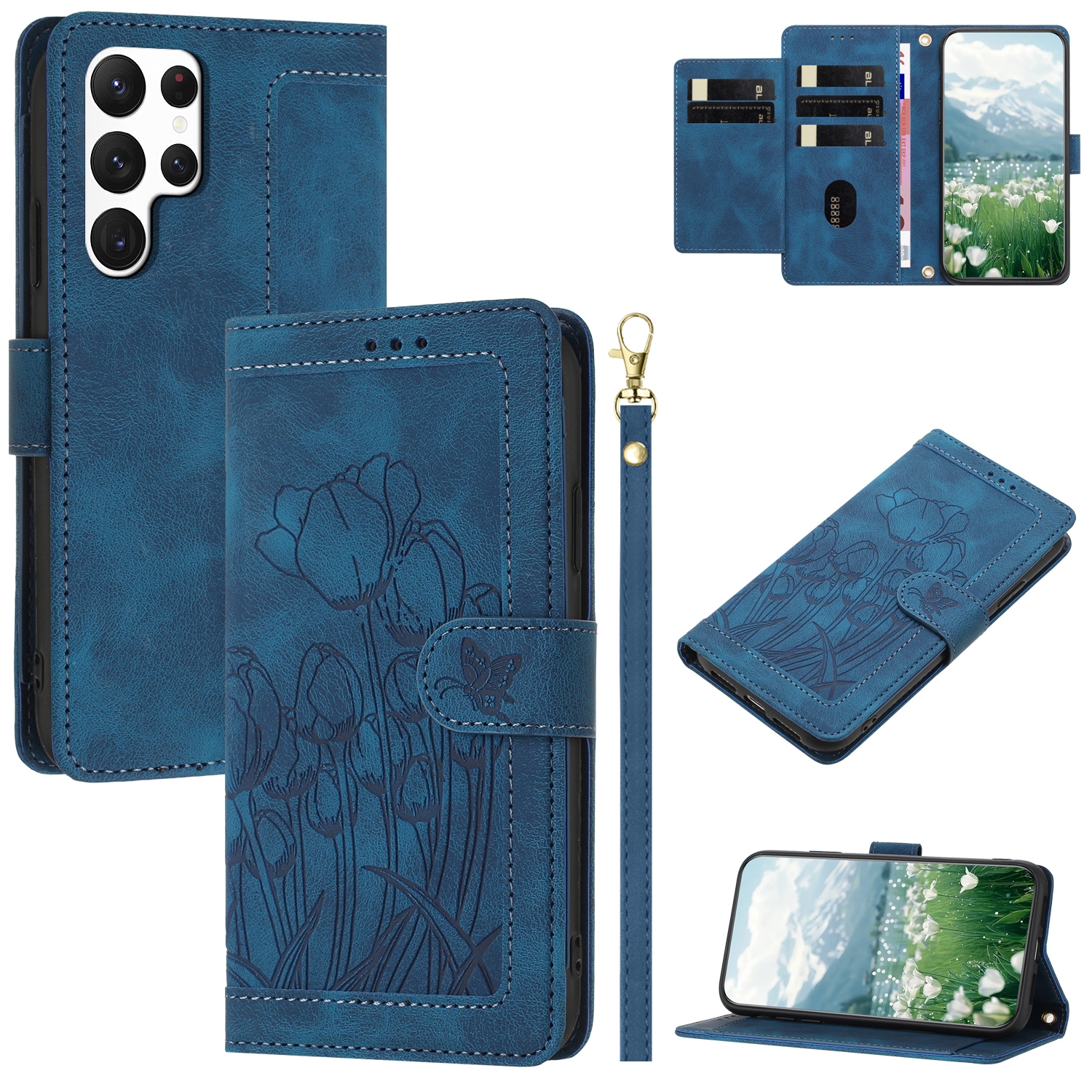 For Samsung Galaxy S23 Ultra 5G Tulips Embossed Leather Phone Case with Lanyard(Blue)