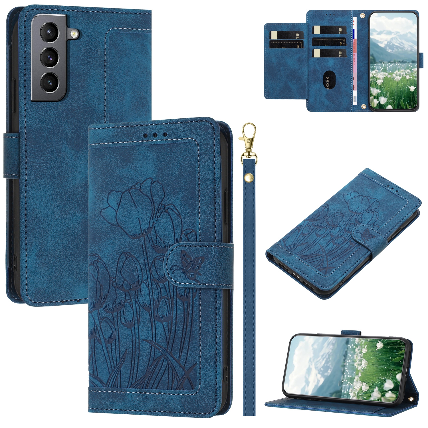 For Samsung Galaxy S22 5G Tulips Embossed Leather Phone Case with Lanyard(Blue) For Samsung Galaxy S22 5G Tulips Embossed Leather Phone Case with Lanyard(Blue)