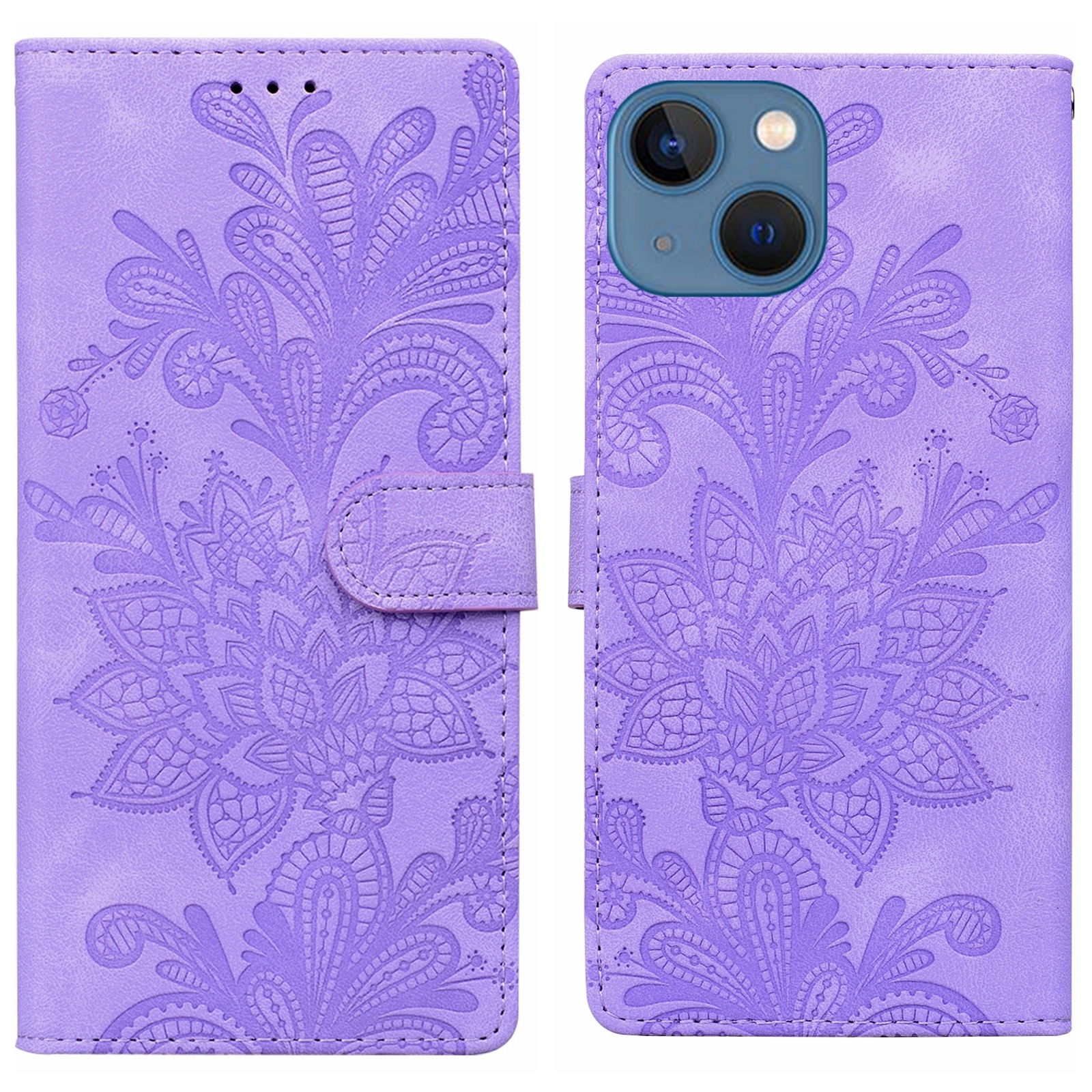 For iPhone 13 / 14 Lace Floral Embossed Magnetic Buckle PU Phone Case With Wrist Strap(Purple) For iPhone 13 / 14 Lace Floral Embossed Magnetic Buckle PU Phone Case With Wrist Strap(Purple)