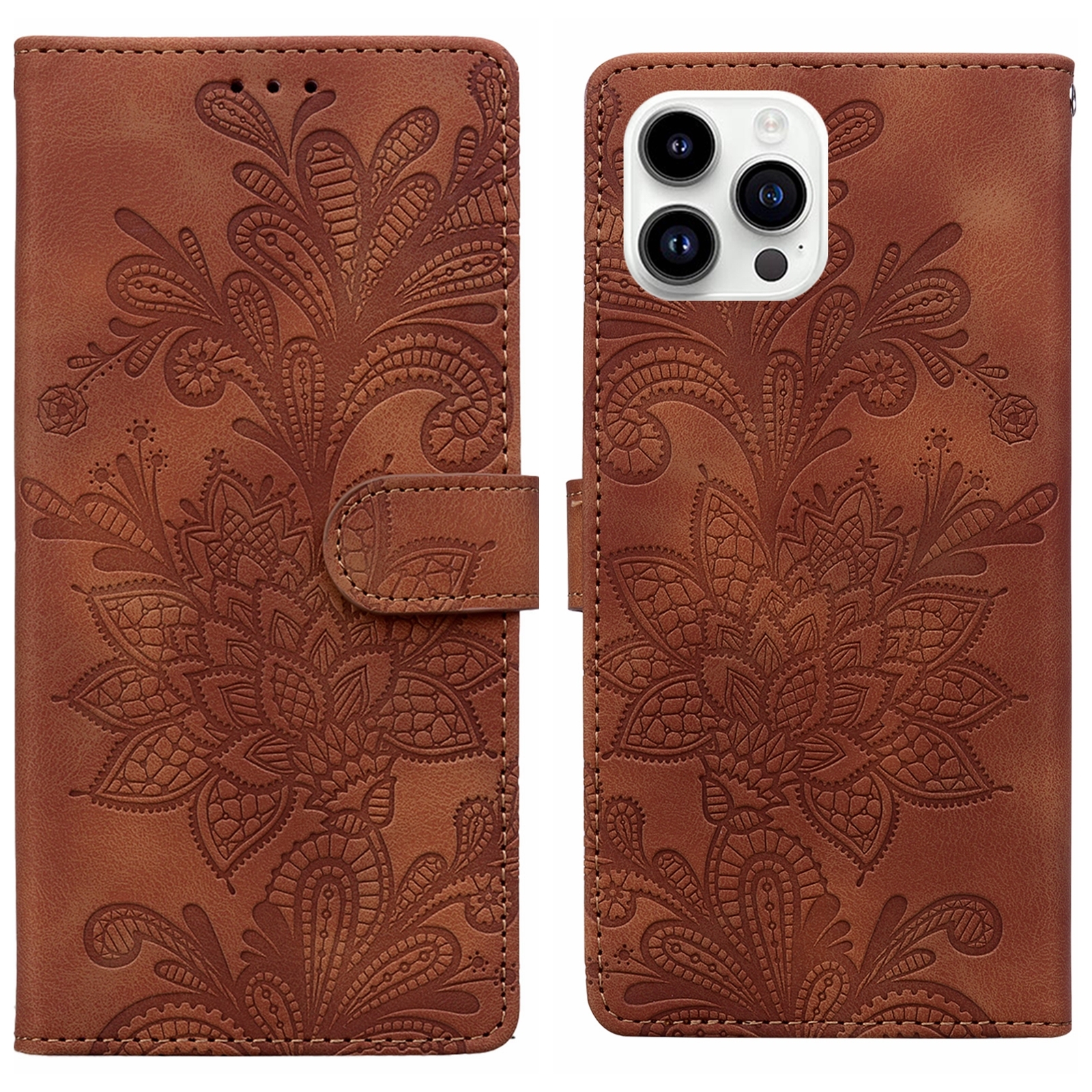 For iPhone 15 Pro Lace Floral Embossed Magnetic Buckle PU Phone Case With Wrist Strap(Brown) For iPhone 15 Pro Lace Floral Embossed Magnetic Buckle PU Phone Case With Wrist Strap(Brown)