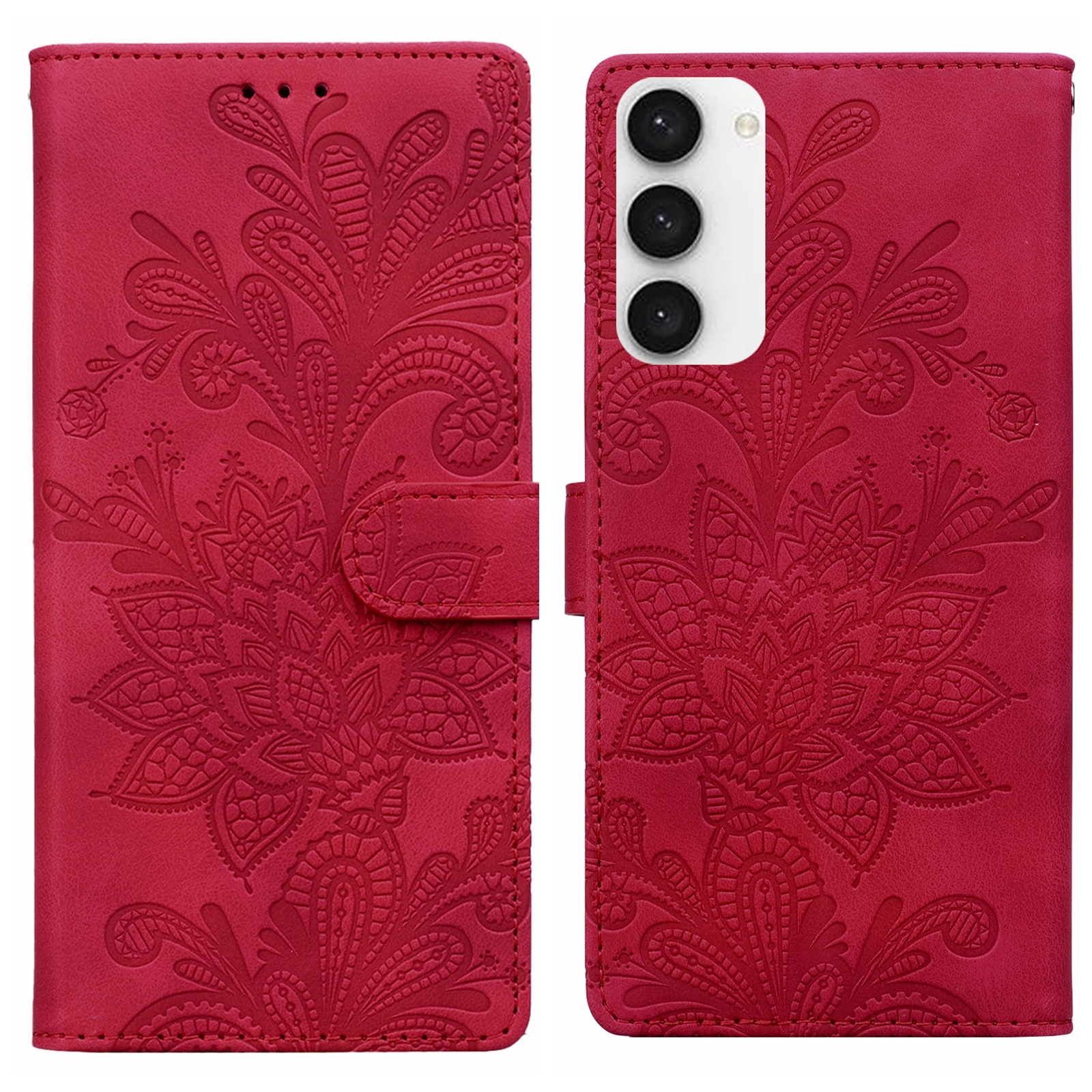 For Samsung Galaxy S23 5G Lace Floral Embossed Magnetic Buckle PU Phone Case With Wrist Strap(Red) For Samsung Galaxy S23 5G Lace Floral Embossed Magnetic Buckle PU Phone Case With Wrist Strap(Red)