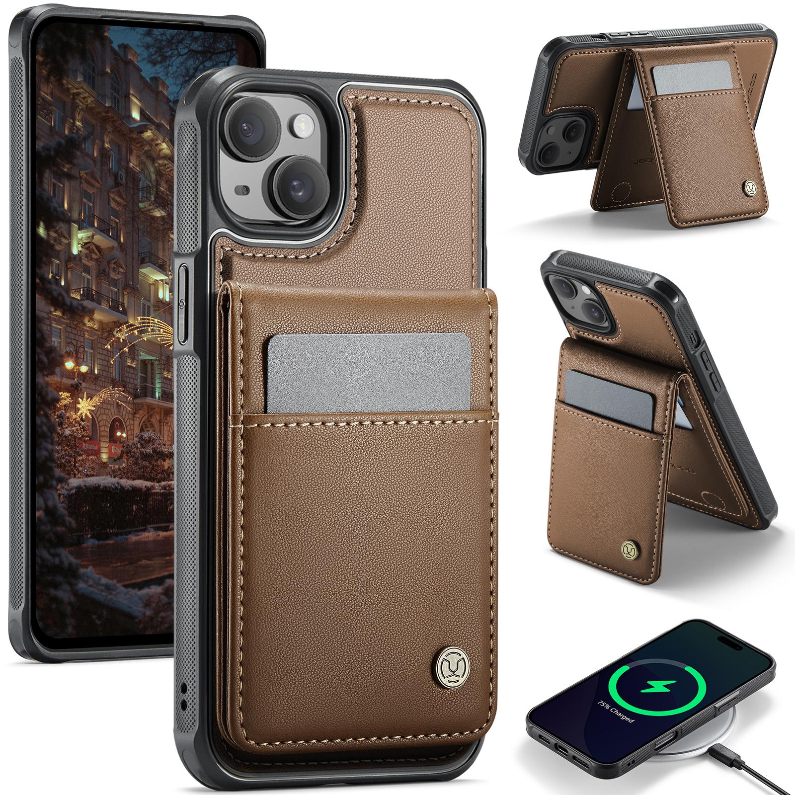 For iPhone 15 Plus JEEHOOD J06 British Style RFID MagSafe Card Bag PU Phone Case(Brown) For iPhone 15 Plus JEEHOOD J06 British Style RFID MagSafe Card Bag PU Phone Case(Brown)