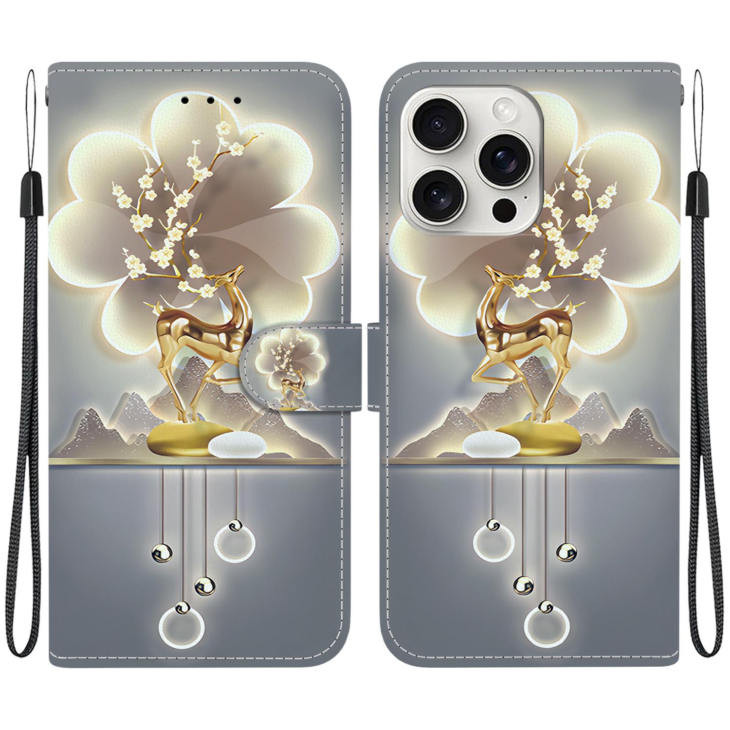 For iPhone 16 Pro Crystal Texture Colored Drawing Leather Phone Case(Sika Deer) For iPhone 16 Pro Crystal Texture Colored Drawing Leather Phone Case(Sika Deer)
