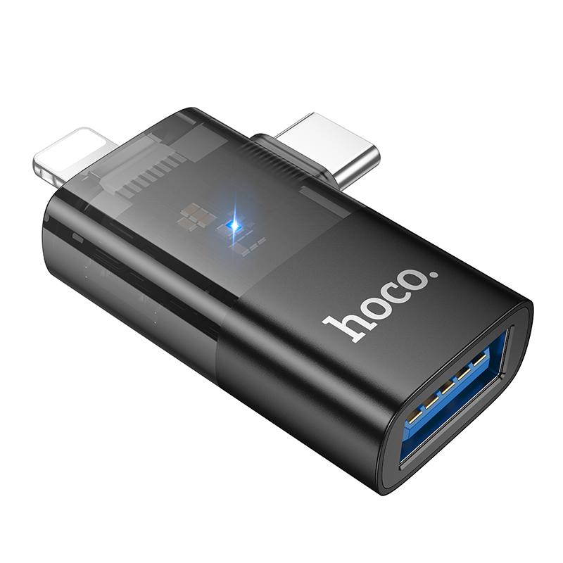 hoco UA36E 8 Pin, USB-C / Type-C Male to USB Female 2 in 1 OTG Transparent Adapter(Black)