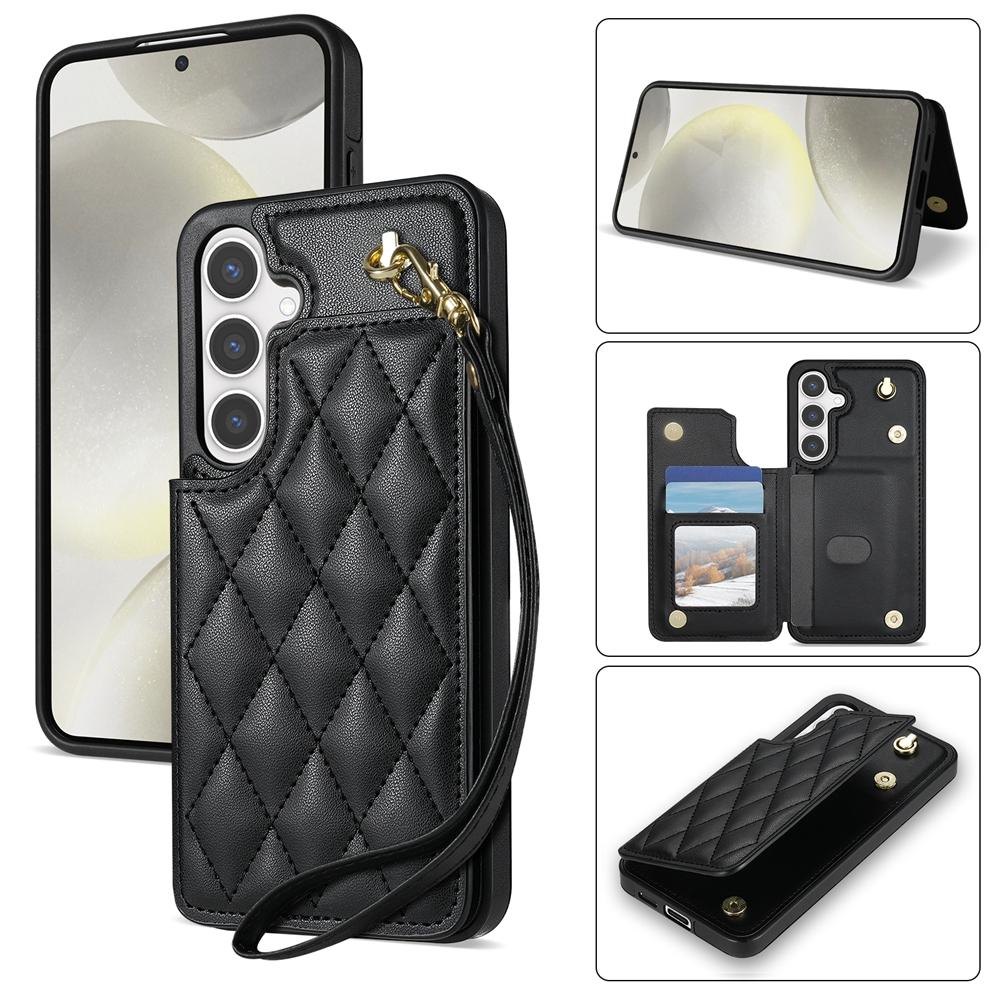 For Samsung Galaxy S24 5G Rhombic Dual Buckle Card Slots Phone Case with Lanyard(Black) For Samsung Galaxy S24 5G Rhombic Dual Buckle Card Slots Phone Case with Lanyard(Black)