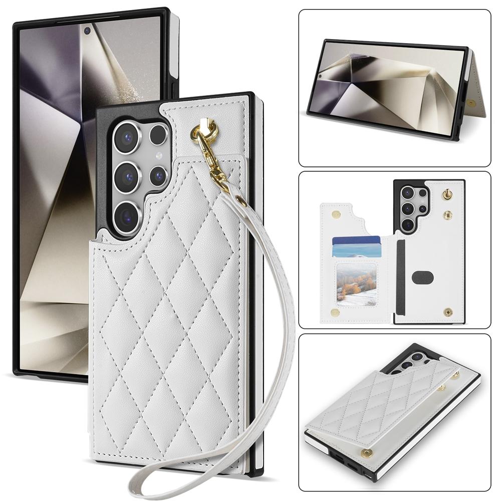 For Samsung Galaxy S22 Ultra 5G Rhombic Dual Buckle Card Slots Phone Case with Lanyard(White)