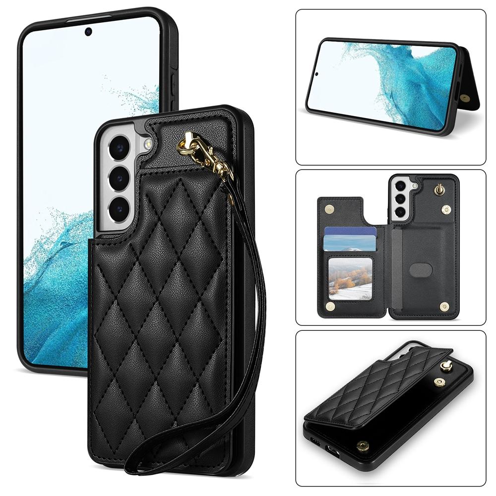 For Samsung Galaxy S22 5G Rhombic Dual Buckle Card Slots Phone Case with Lanyard(Black)