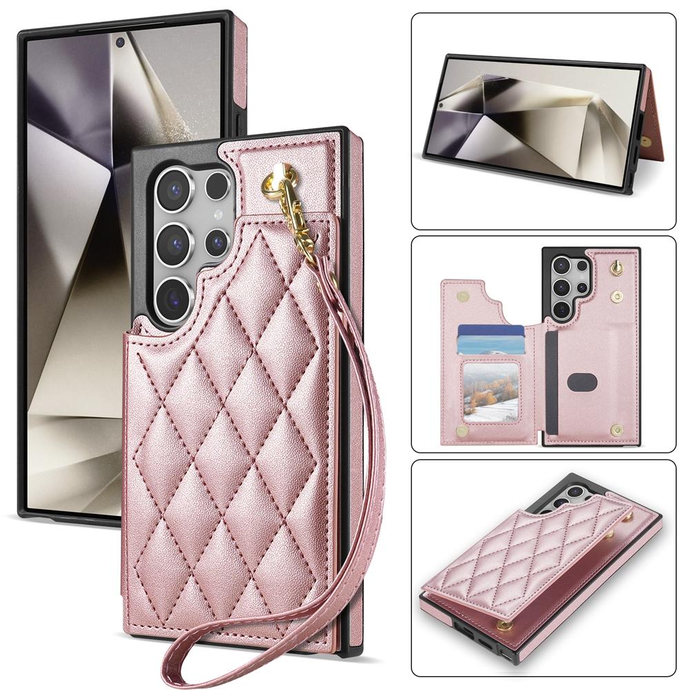 For Samsung Galaxy S21 Ultra 5G Rhombic Dual Buckle Card Slots Phone Case with Lanyard(Rose Gold) For Samsung Galaxy S21 Ultra 5G Rhombic Dual Buckle Card Slots Phone Case with Lanyard(Rose Gold)