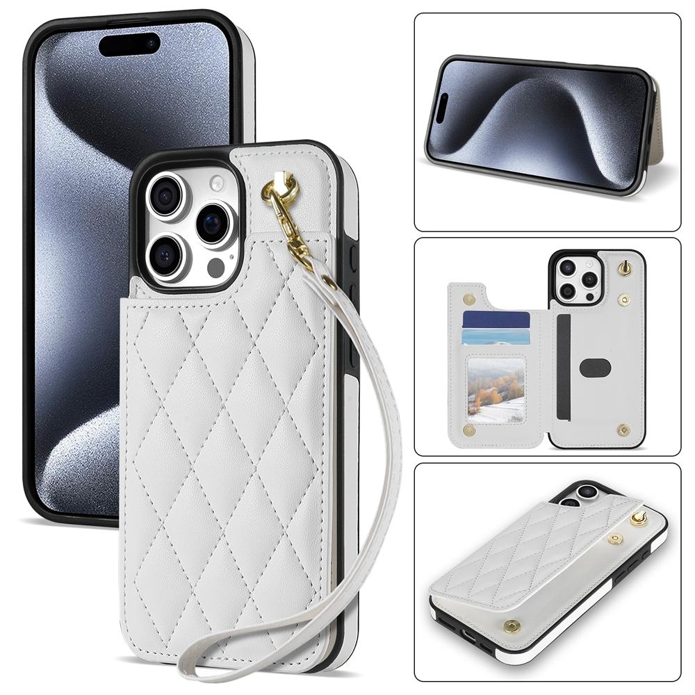 For iPhone 15 Pro Rhombic Dual Buckle Card Slots Phone Case with Lanyard(White) For iPhone 15 Pro Rhombic Dual Buckle Card Slots Phone Case with Lanyard(White)