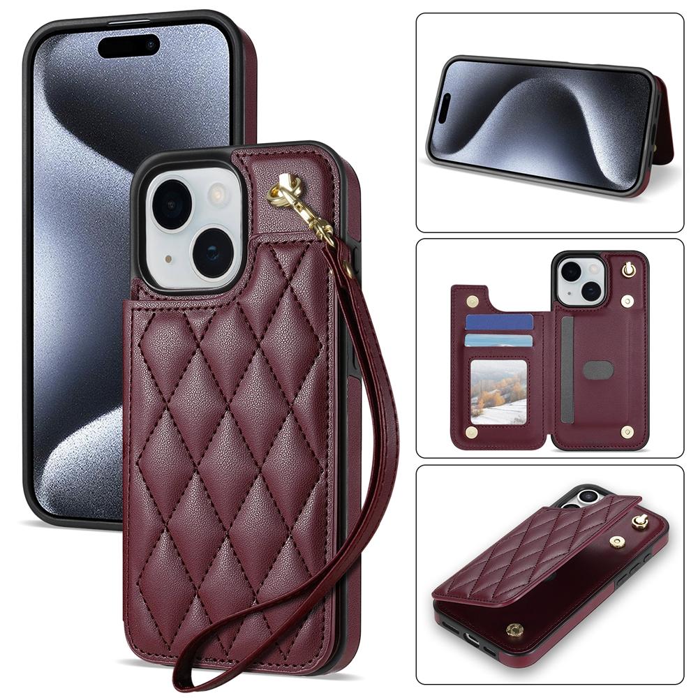 For iPhone 13 / 14 Rhombic Dual Buckle Card Slots Phone Case with Lanyard(Wine Red) For iPhone 13 / 14 Rhombic Dual Buckle Card Slots Phone Case with Lanyard(Wine Red)