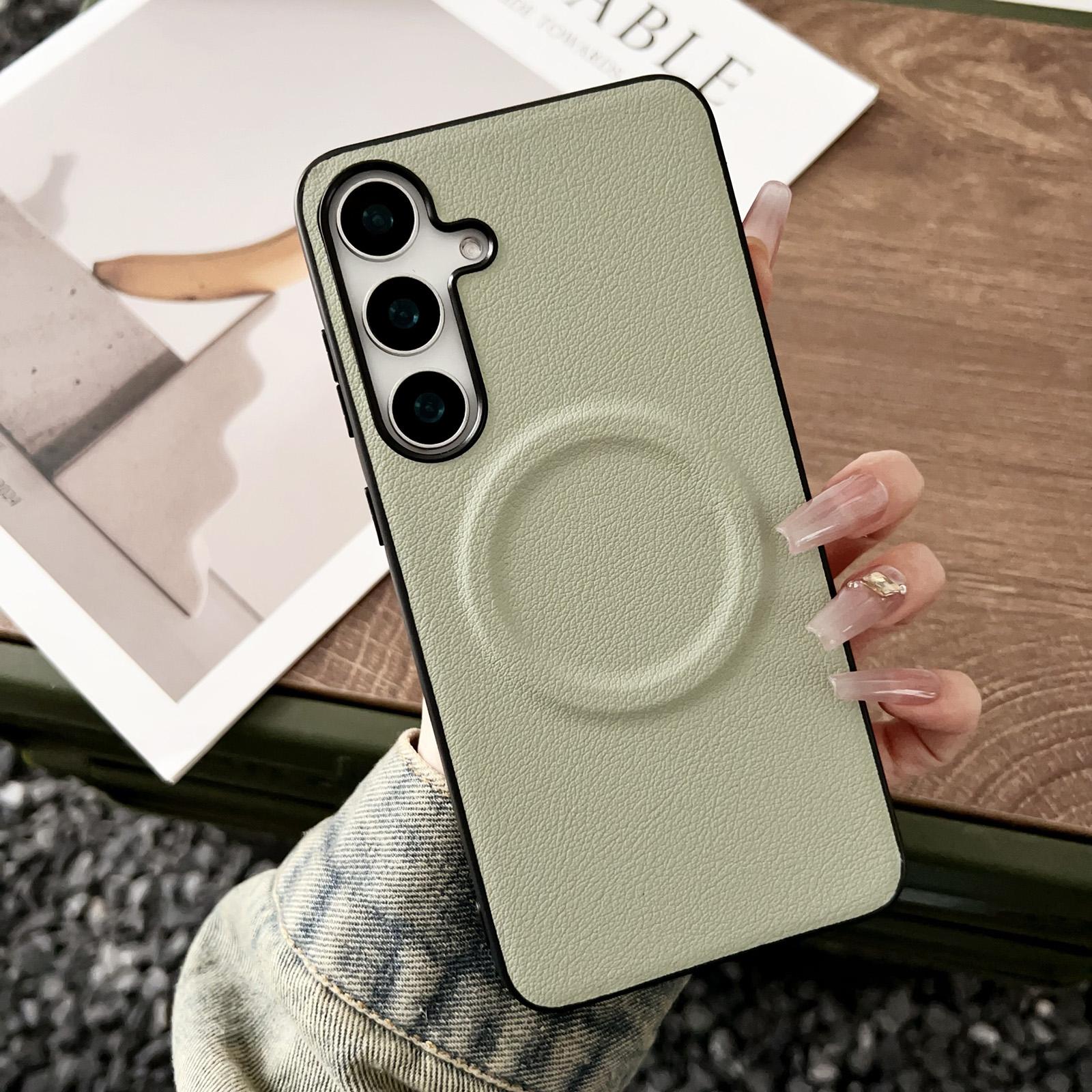 For Samsung Galaxy S25+ 5G Magsafe Magnetic Plain Leather Phone Case(Light Green) For Samsung Galaxy S25+ 5G Magsafe Magnetic Plain Leather Phone Case(Light Green)