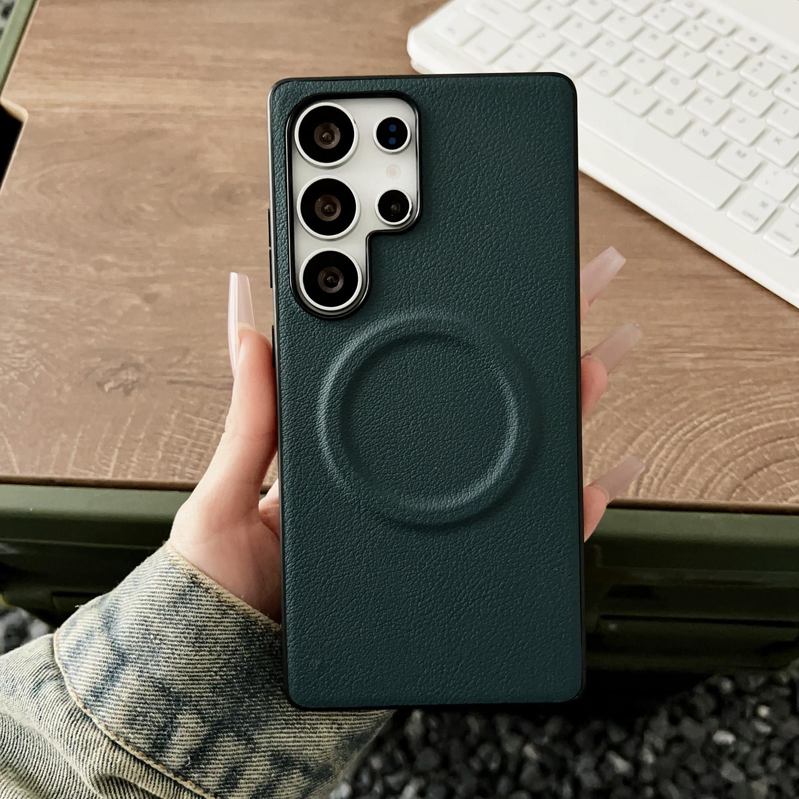For Samsung Galaxy S25 Ultra 5G Magsafe Magnetic Plain Leather Phone Case(Dark Green) For Samsung Galaxy S25 Ultra 5G Magsafe Magnetic Plain Leather Phone Case(Dark Green)
