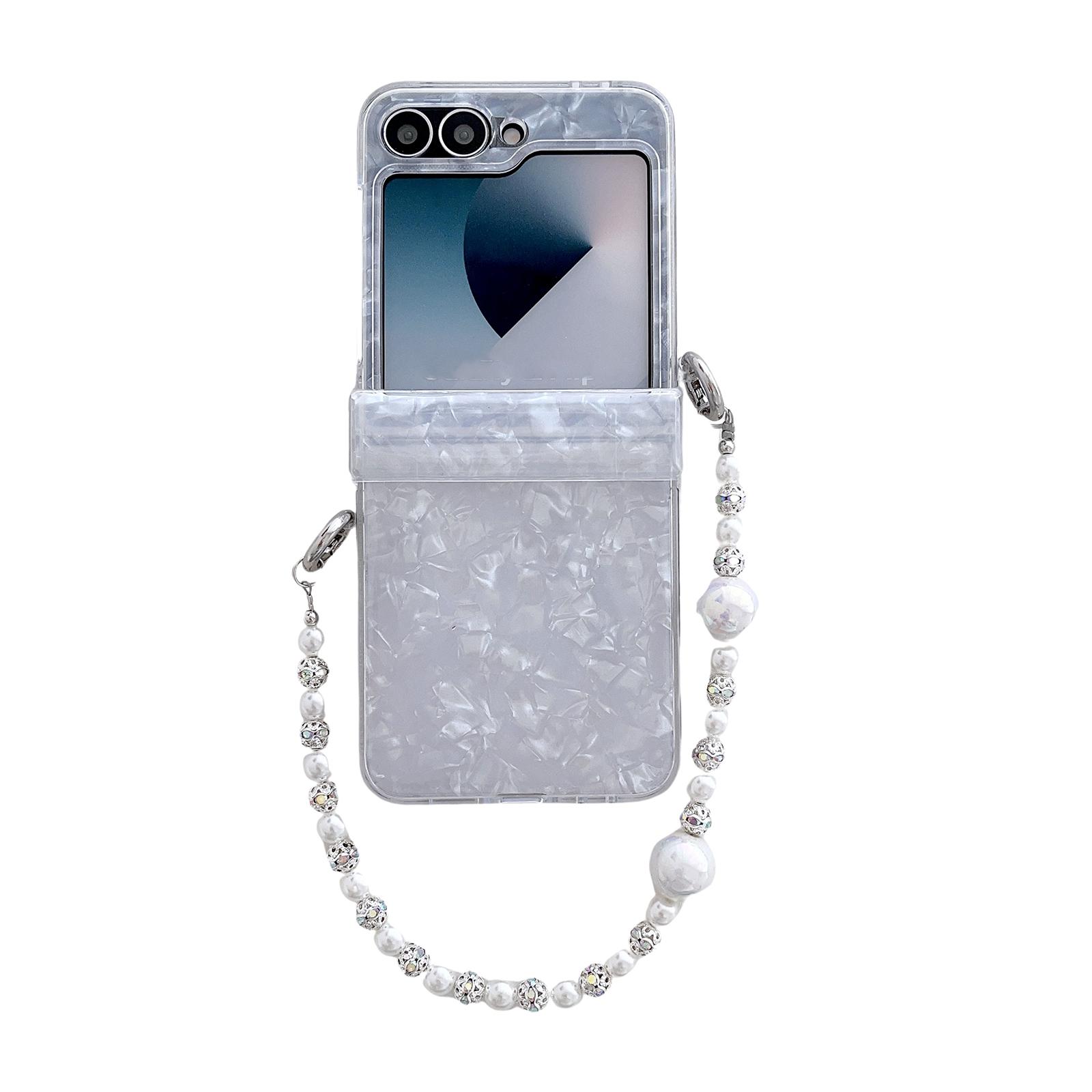 For Samsung Galaxy Z Flip6 Three Parts Pearlescent Shell Texture Phone Case with Bracelet(White) For Samsung Galaxy Z Flip6 Three Parts Pearlescent Shell Texture Phone Case with Bracelet(White)