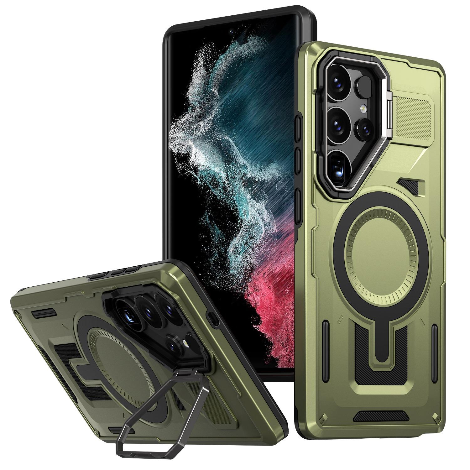 For Samsung Galaxy S22 Ultra 5G Shield Hollow Frame Holder MagSafe Phone Case(Olive Green) For Samsung Galaxy S22 Ultra 5G Shield Hollow Frame Holder MagSafe Phone Case(Olive Green)