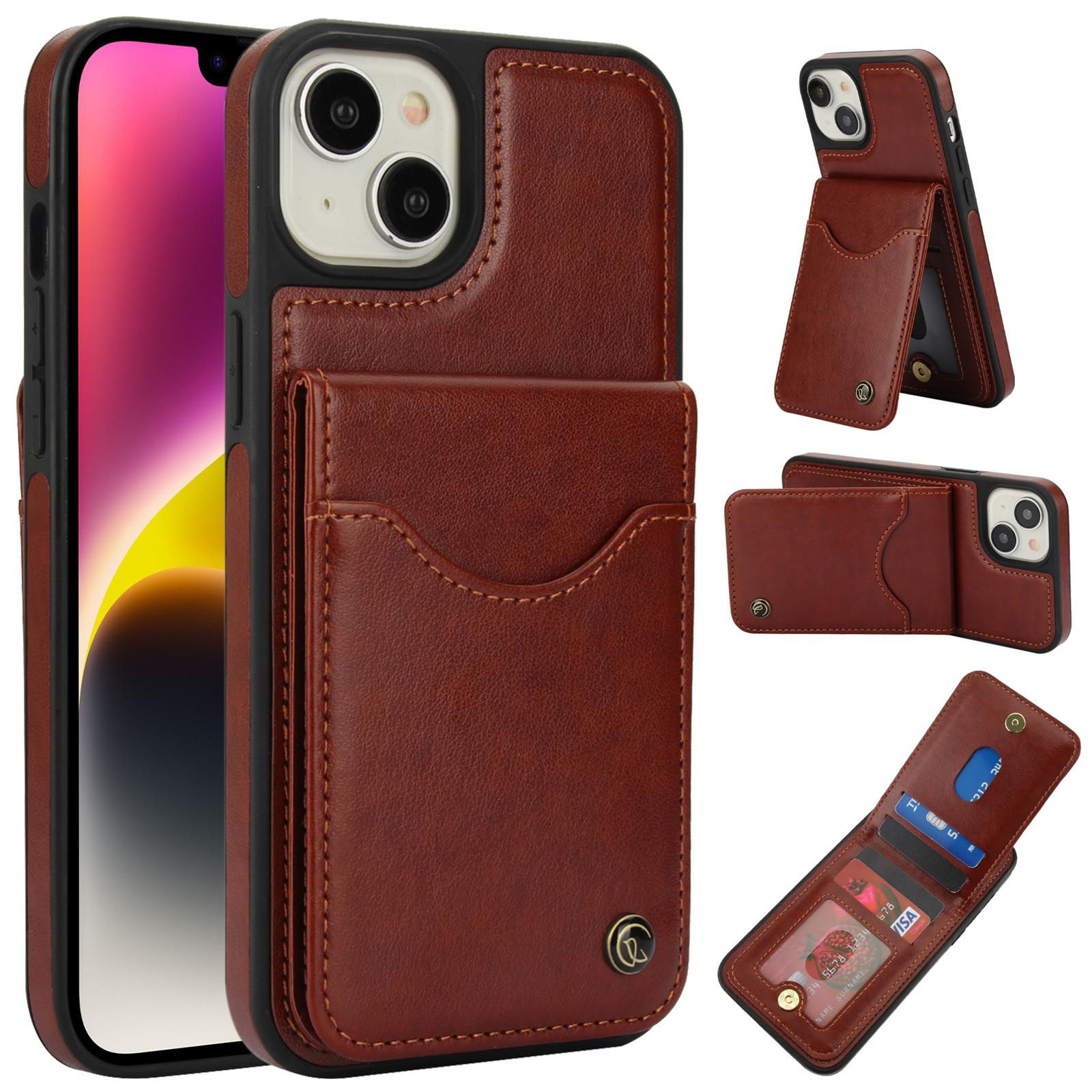 For iPhone 14 Plus AwQuer Vertical Flip Card Bag Holder Leather Phone Case(Brown) For iPhone 14 Plus AwQuer Vertical Flip Card Bag Holder Leather Phone Case(Brown)