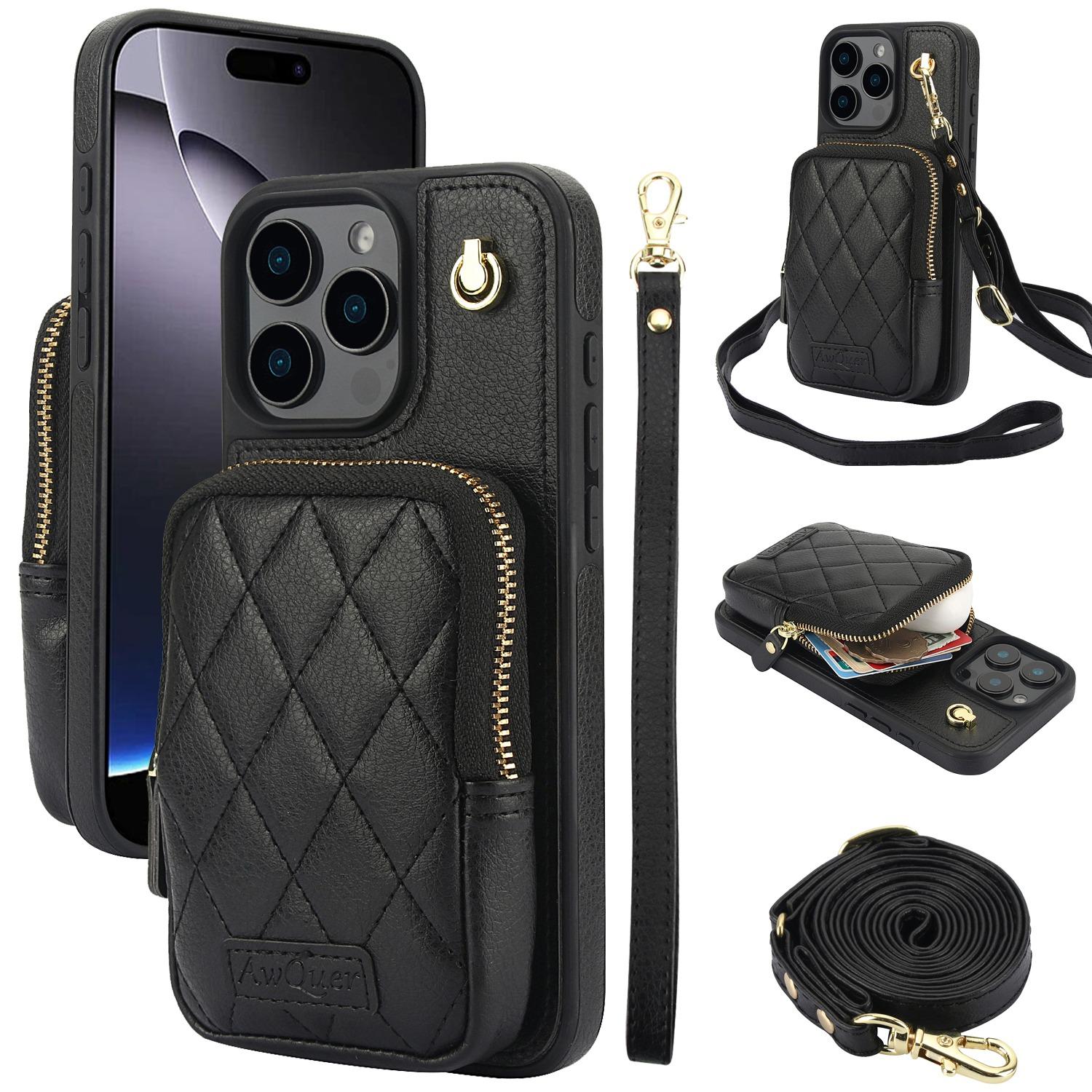 For iPhone 16 Pro Max AwQuer Crossbody Zipper Wallet Bag Litchi Leather Phone Case(Black)