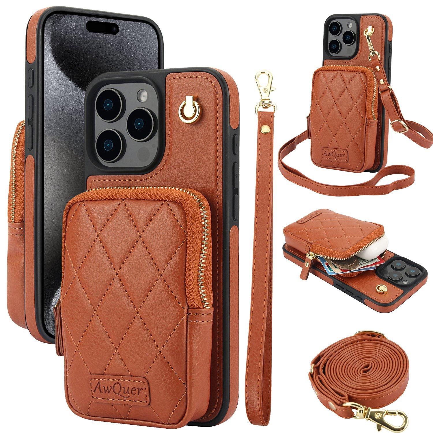 For iPhone 15 Pro Max AwQuer Crossbody Zipper Wallet Bag Litchi Leather Phone Case(Brown) For iPhone 15 Pro Max AwQuer Crossbody Zipper Wallet Bag Litchi Leather Phone Case(Brown)