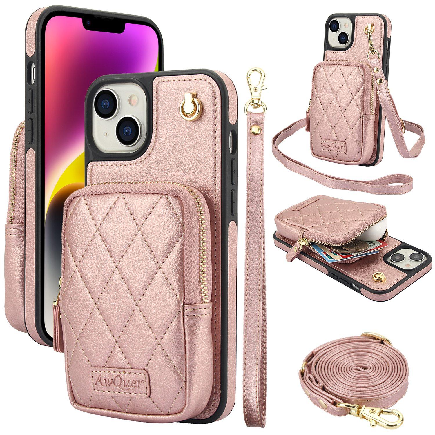 For iPhone 14 Plus AwQuer Crossbody Zipper Wallet Bag Litchi Leather Phone Case(Rose Gold) For iPhone 14 Plus AwQuer Crossbody Zipper Wallet Bag Litchi Leather Phone Case(Rose Gold)