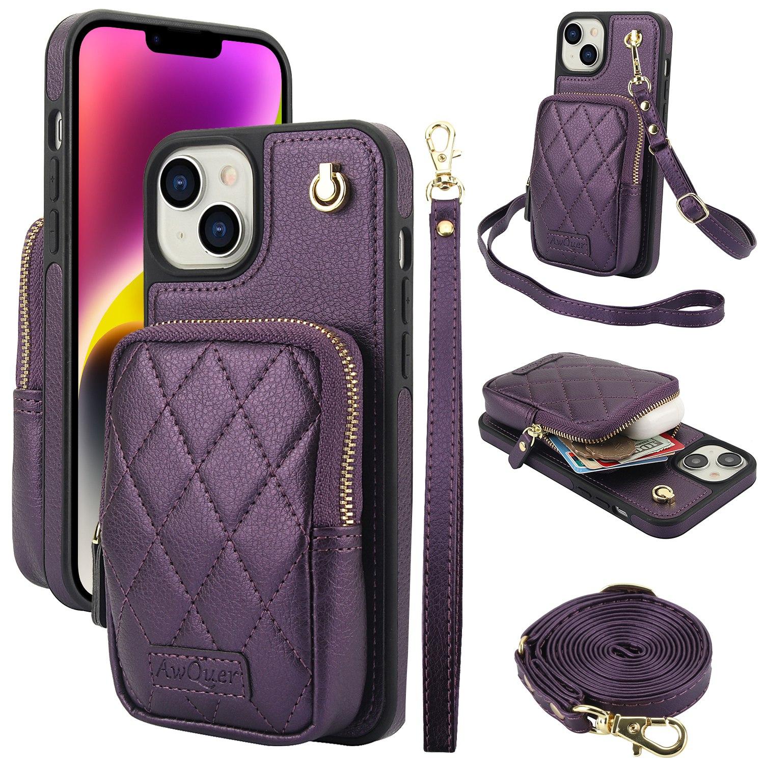 For iPhone 14 / 13 AwQuer Crossbody Zipper Wallet Bag Litchi Leather Phone Case(Dark Purple) For iPhone 14 / 13 AwQuer Crossbody Zipper Wallet Bag Litchi Leather Phone Case(Dark Purple)