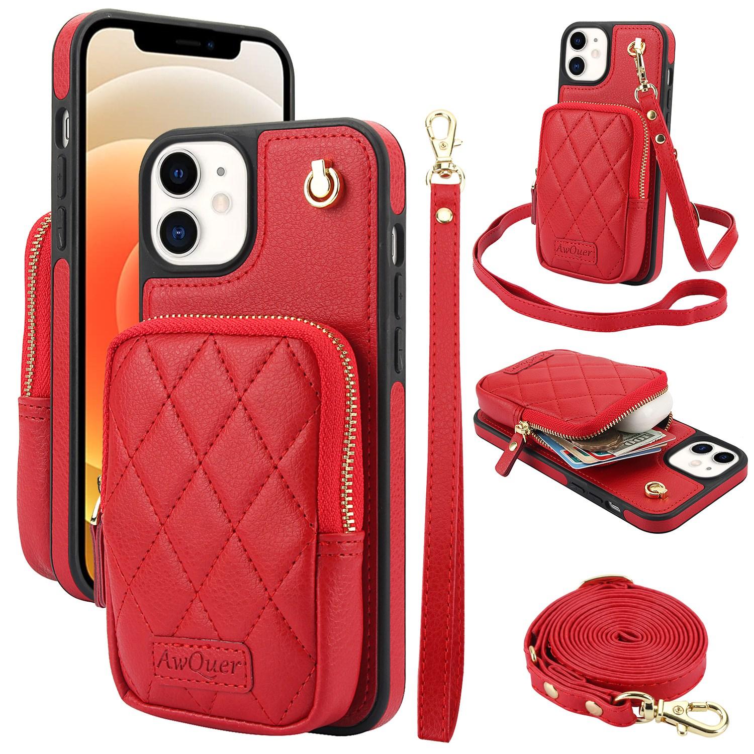 For iPhone 12 / 12 Pro AwQuer Crossbody Zipper Wallet Bag Litchi Leather Phone Case(Red) For iPhone 12 / 12 Pro AwQuer Crossbody Zipper Wallet Bag Litchi Leather Phone Case(Red)