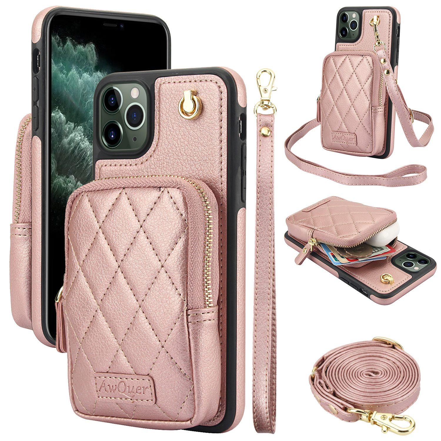 For iPhone 11 Pro AwQuer Crossbody Zipper Wallet Bag Litchi Leather Phone Case(Rose Gold) For iPhone 11 Pro AwQuer Crossbody Zipper Wallet Bag Litchi Leather Phone Case(Rose Gold)
