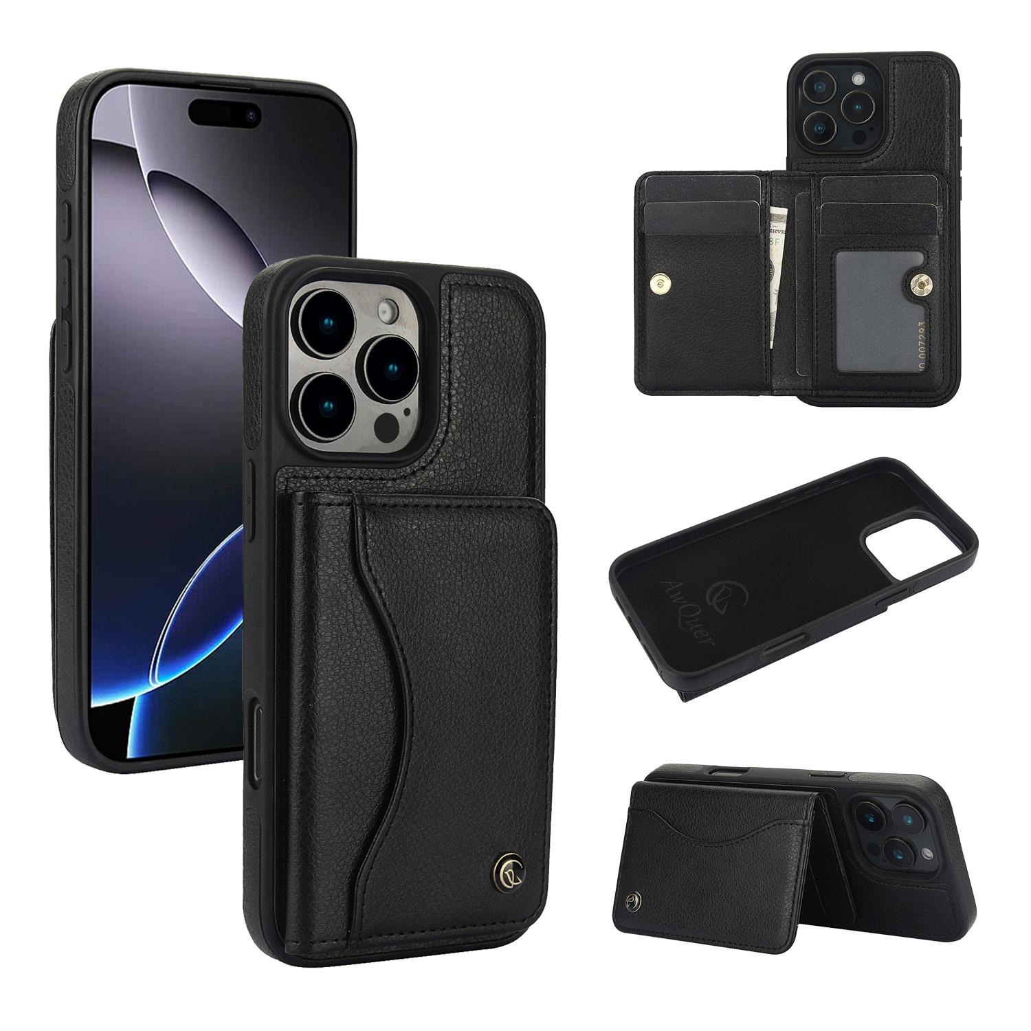 For iPhone 16 Pro Max AwQuer Horizontal Flip Card Bag Holder Leather Phone Case(Black) For iPhone 16 Pro Max AwQuer Horizontal Flip Card Bag Holder Leather Phone Case(Black)