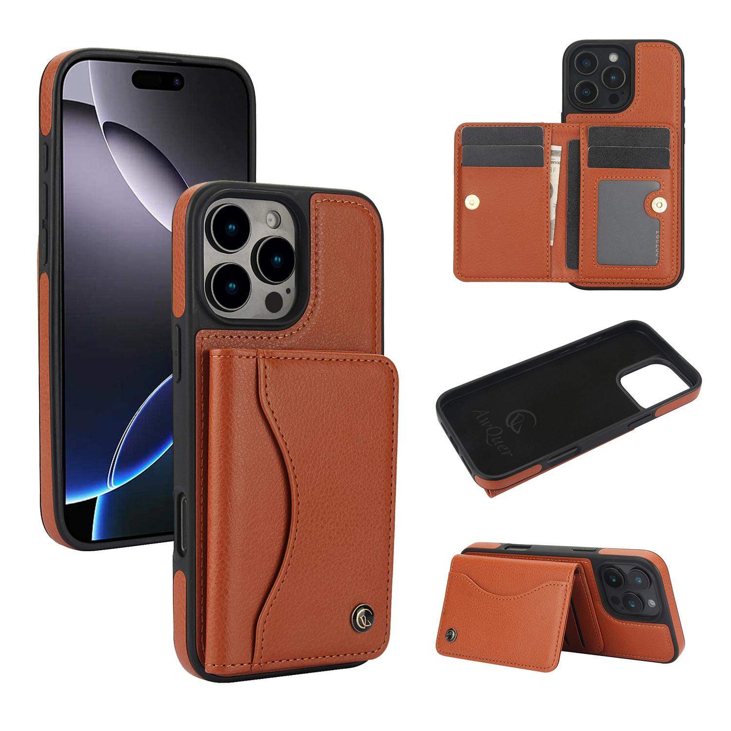 For iPhone 16 Pro AwQuer Horizontal Flip Card Bag Holder Leather Phone Case(Brown) For iPhone 16 Pro AwQuer Horizontal Flip Card Bag Holder Leather Phone Case(Brown)