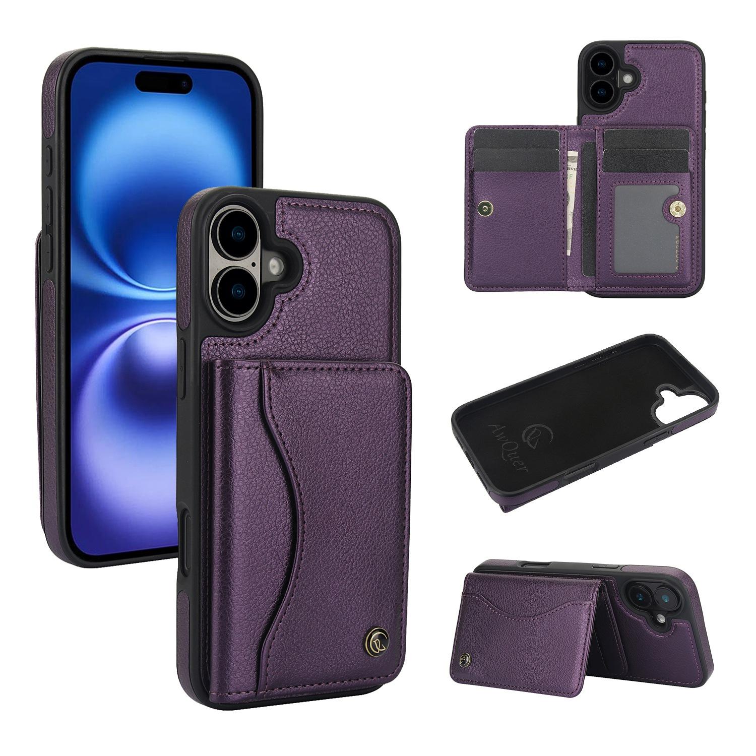 For iPhone 16 AwQuer Horizontal Flip Card Bag Holder Leather Phone Case(Dark Purple) For iPhone 16 AwQuer Horizontal Flip Card Bag Holder Leather Phone Case(Dark Purple)