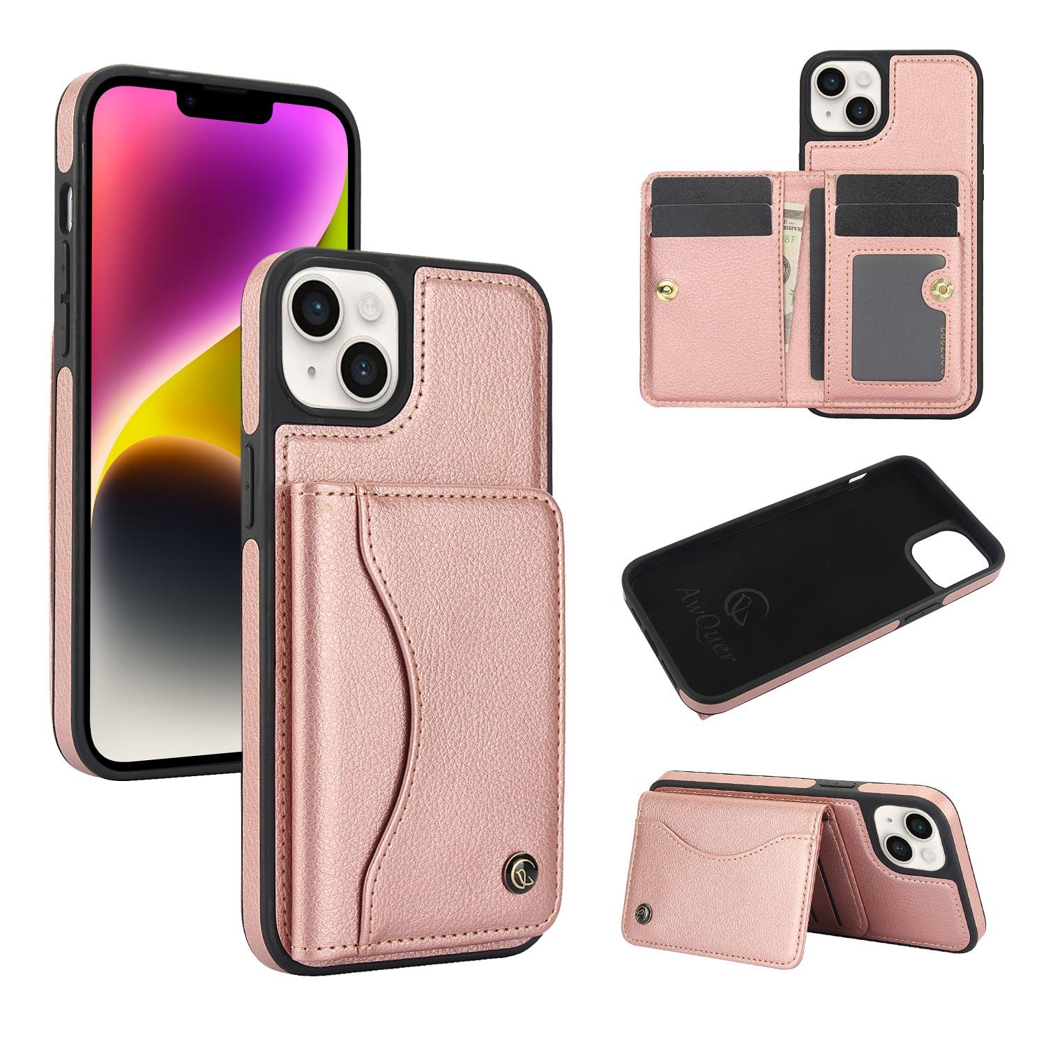 For iPhone 14 / 13 AwQuer Horizontal Flip Card Bag Holder Leather Phone Case(Rose Gold) For iPhone 14 / 13 AwQuer Horizontal Flip Card Bag Holder Leather Phone Case(Rose Gold)
