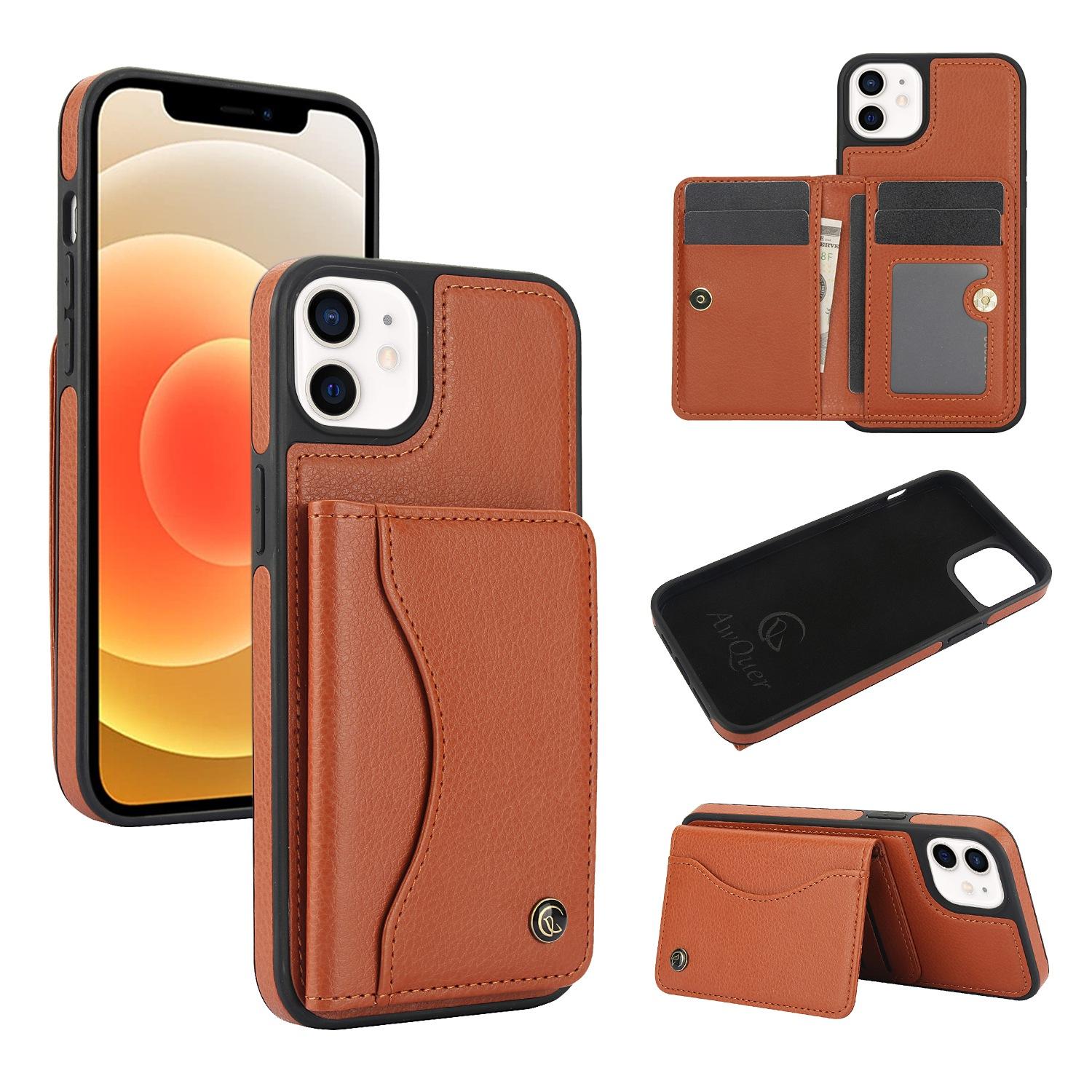 For iPhone 12 / 12 Pro AwQuer Horizontal Flip Card Bag Holder Leather Phone Case(Brown) For iPhone 12 / 12 Pro AwQuer Horizontal Flip Card Bag Holder Leather Phone Case(Brown)