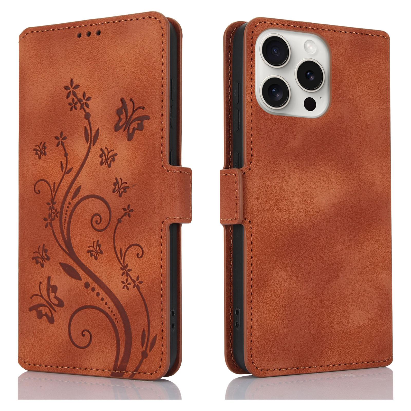 For iPhone 15 Pro Dreamy Butterfly Love Flower Embossed Leather Phone Case(Brown) For iPhone 15 Pro Dreamy Butterfly Love Flower Embossed Leather Phone Case(Brown)